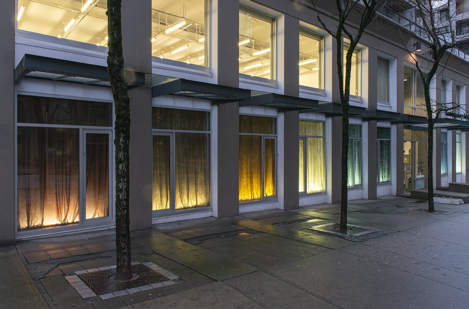 Exterior image of the Contemporary Art Gallery displaying the work of Nicole Kelly Westman in the windows. The eight windows on the first floor are lit, highlighting various coloured backdrops. 