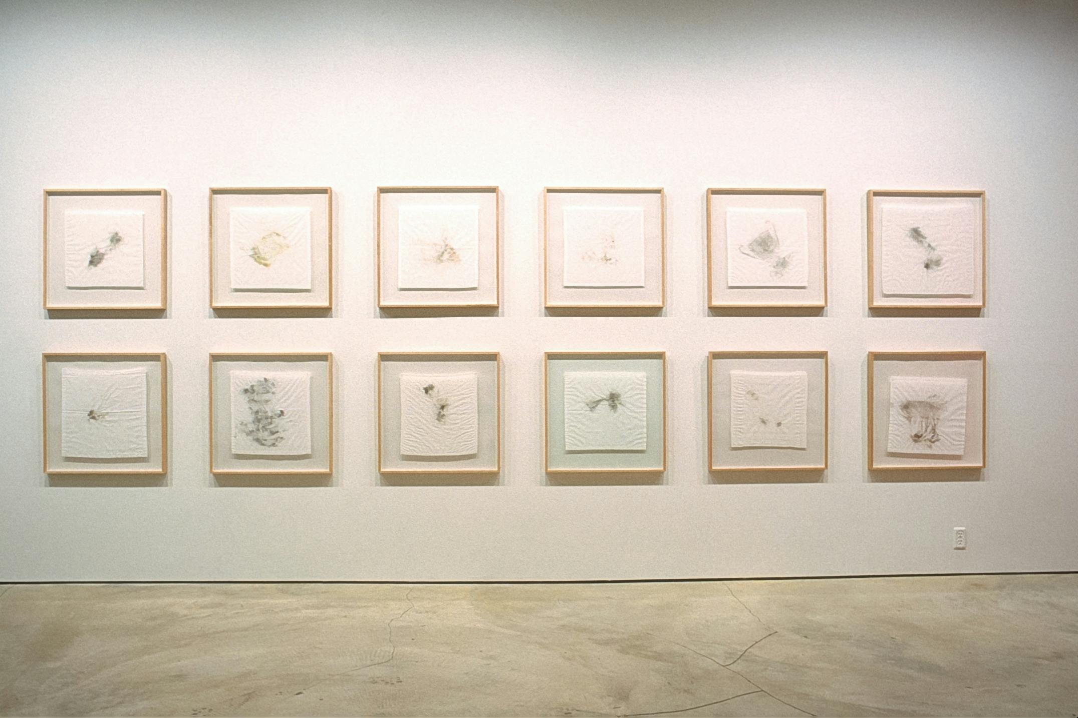 Twelve art pieces are installed on the gallery wall. They are white handkerchiefs framed in identical-sized squares. There are varying shaped stains on the handkerchiefs.  