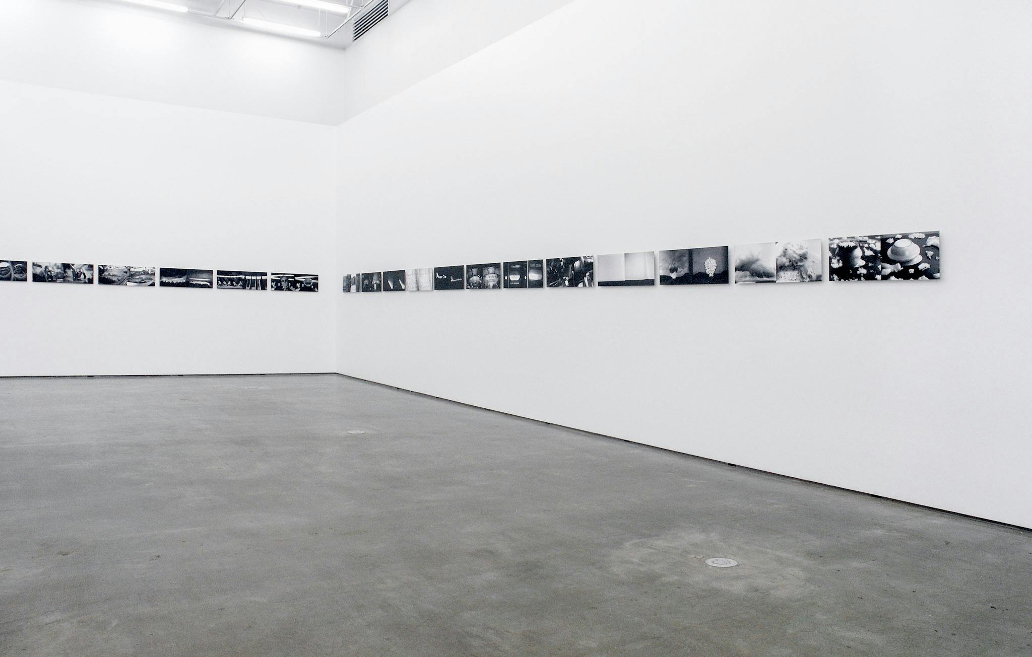 A number of same-sized black and white photographs are installed on the gallery walls. Two similar images are paired and exhibited side by side. Many of those images depict landscapes. 