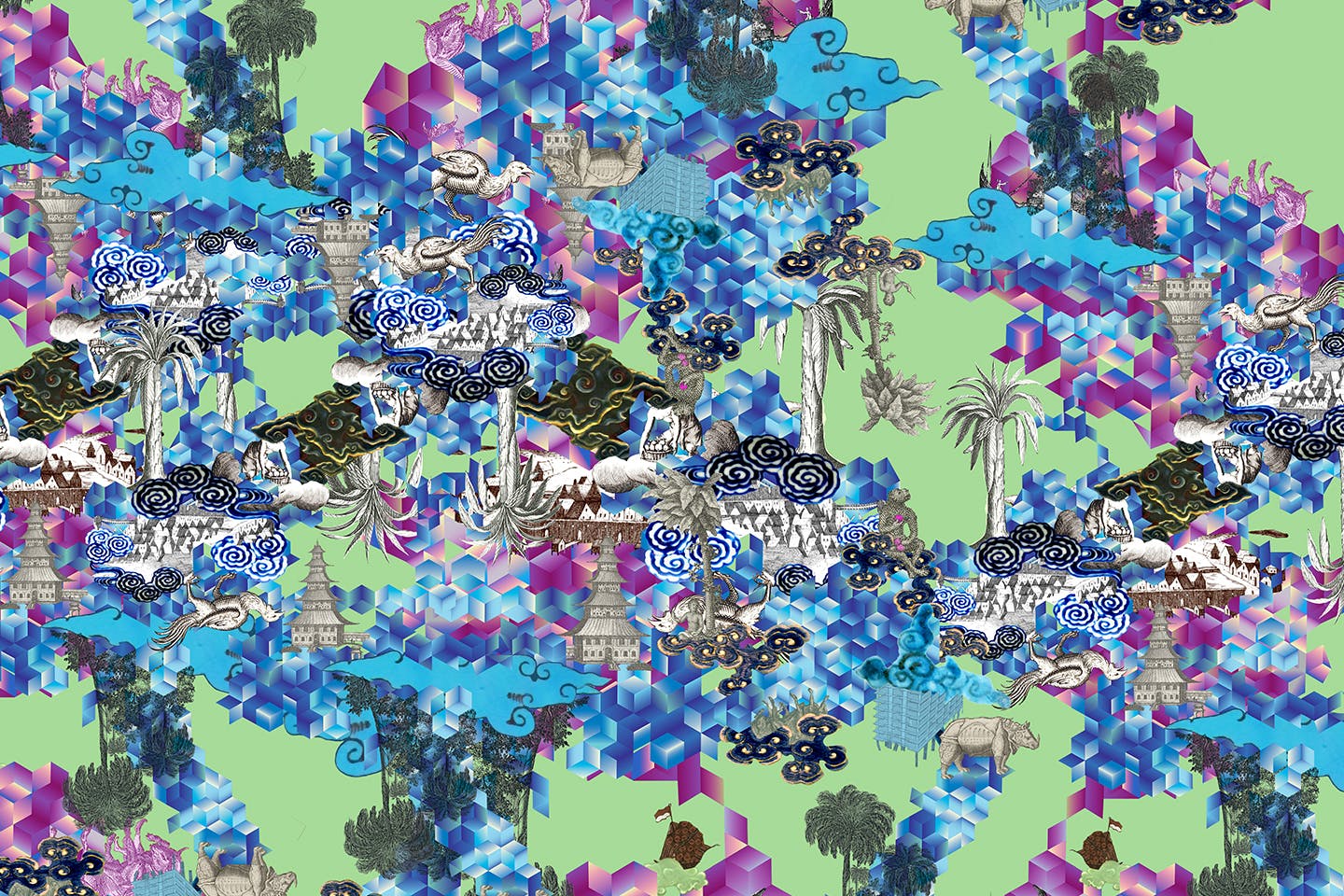 A graphic pattern made up of a purple, blue and green geometric background with various illustrations of buildings, swirling clouds, imaginary birds and plants superimposed on top.