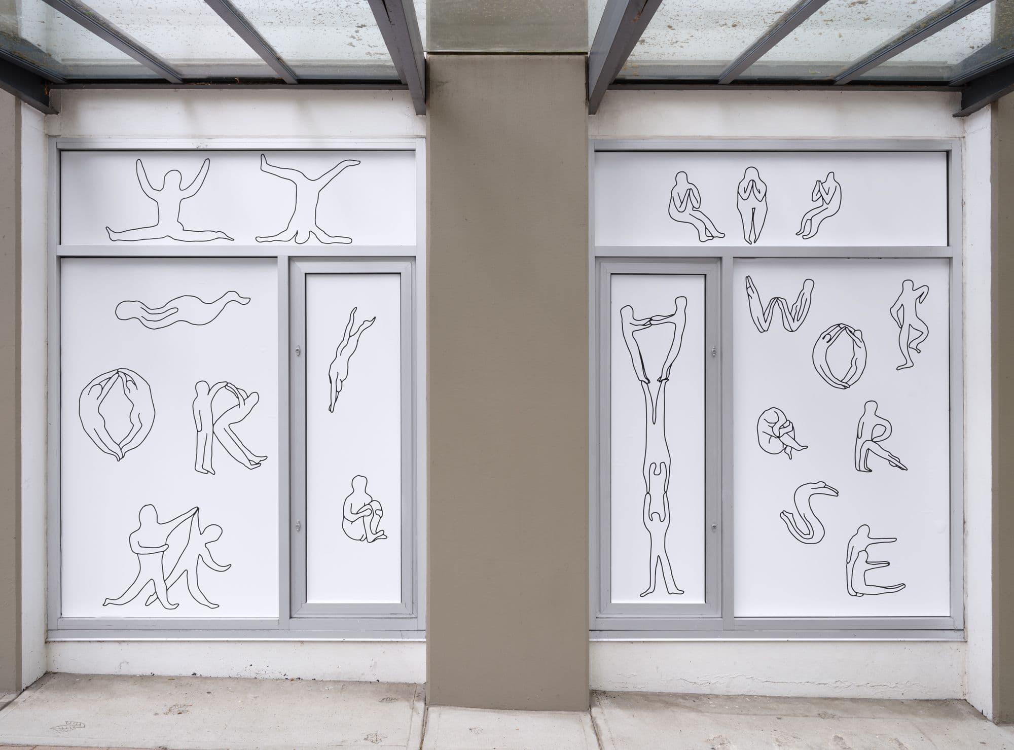 A pair of windows featuring line drawn figures engaged in various activities. Some of the figures spell out “or” and “worse” with their bodies.