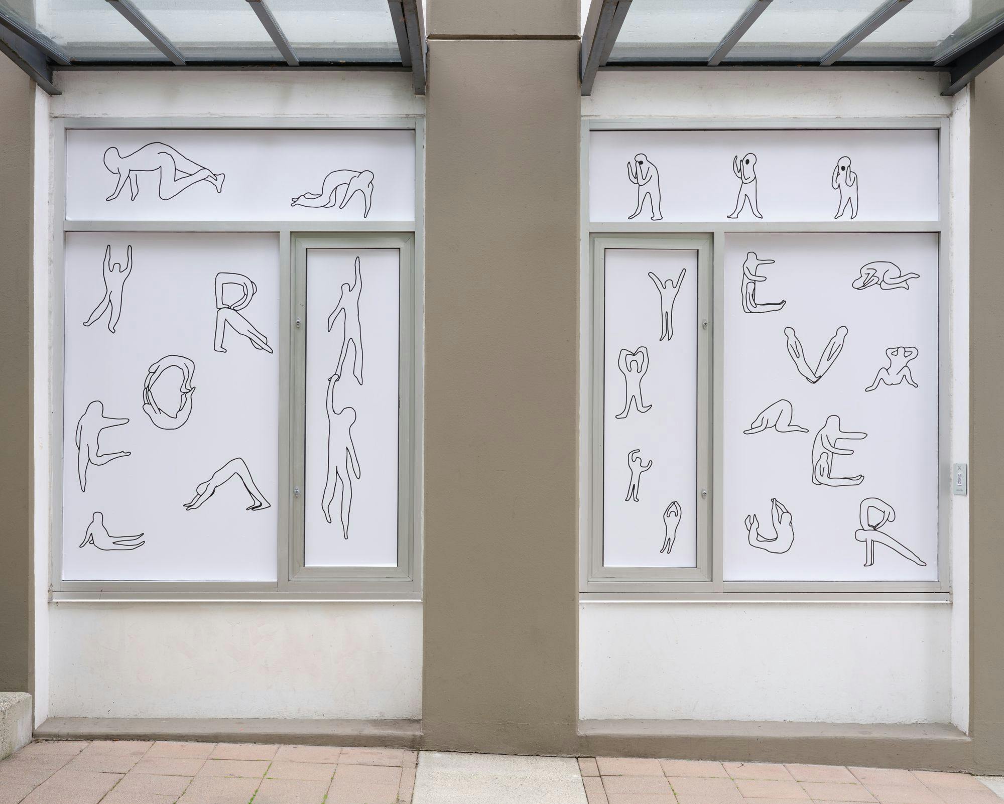 A pair of windows featuring line drawn figures engaged in various activities. Some of the figures spell out “for” and “ever” with their bodies.