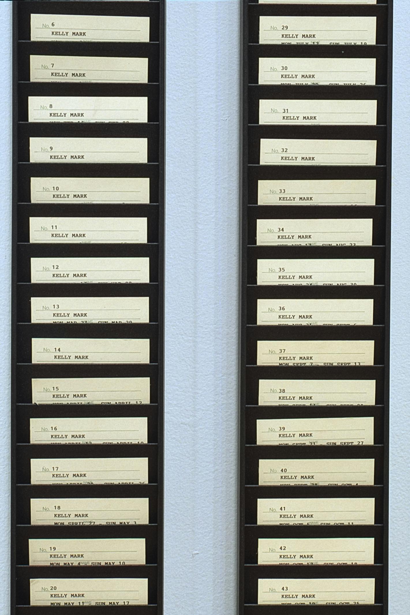 This is a close-up view of black steel racks installed in the gallery. The racks store a number of time cards. The name of the artist, Kelly Mark is typed on each of those time cards. 
