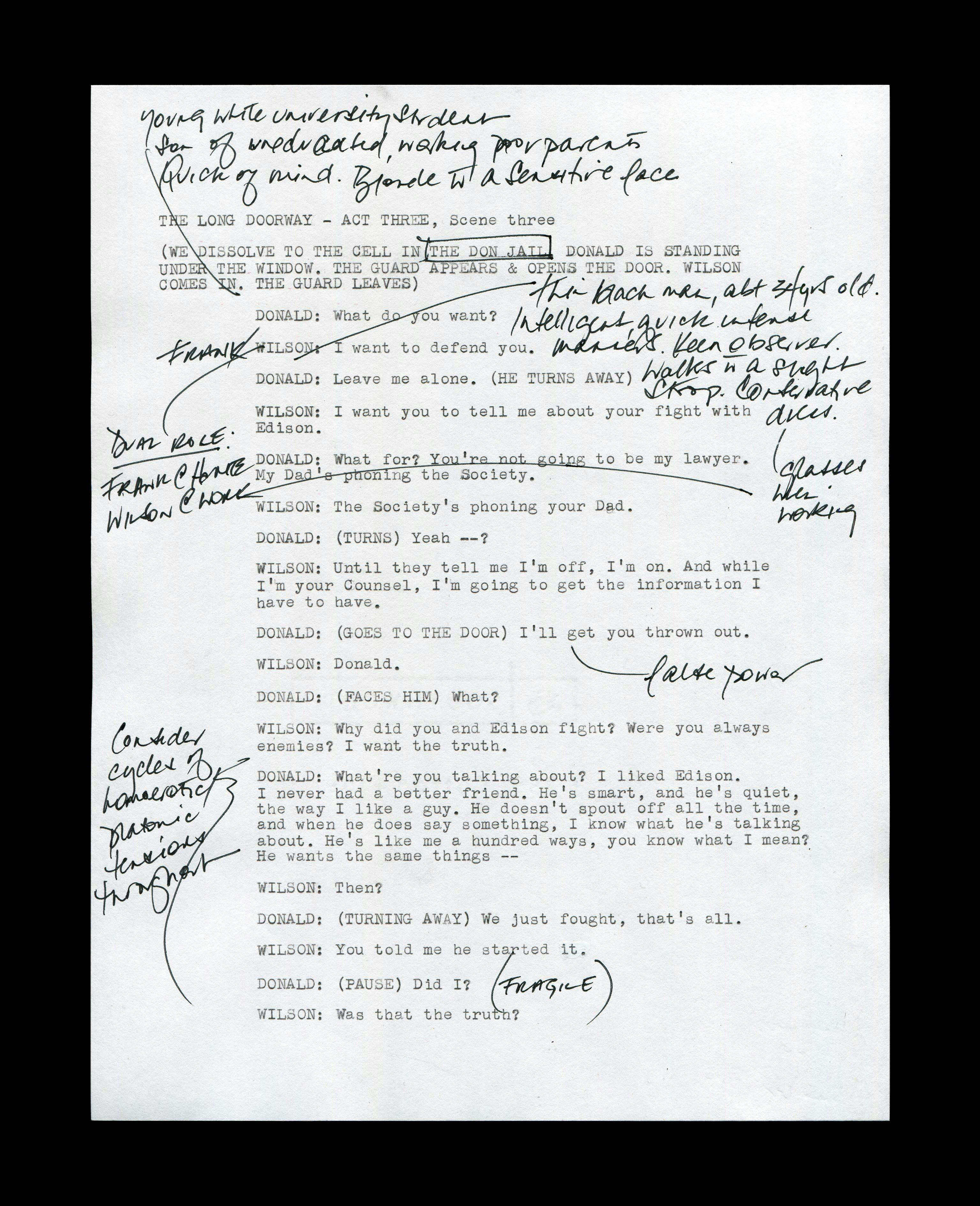 A photograph of a script. Around the typed script, handwritten notes cover the margins of the paper. 