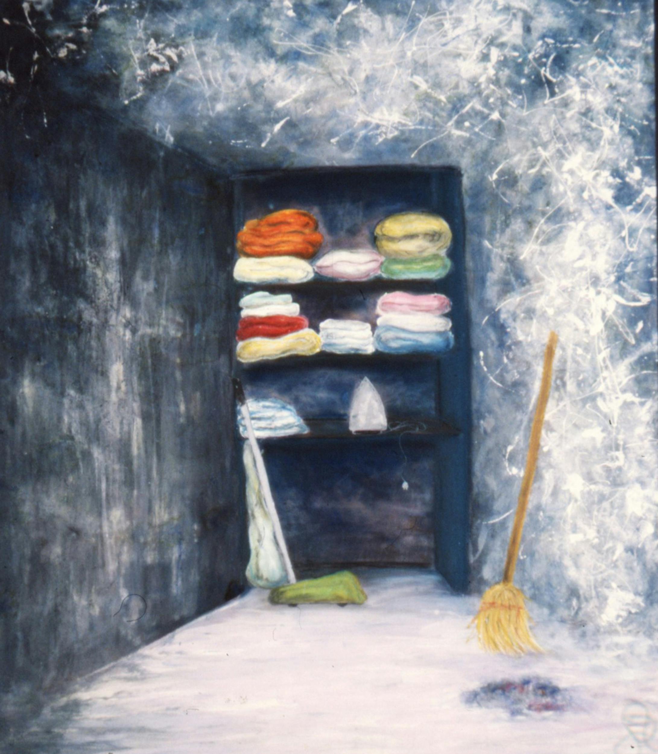 A gestural painting depicting a shelf with colourful piles of folded clothes and an unplugged iron. To the right a broom leans against a wall. 