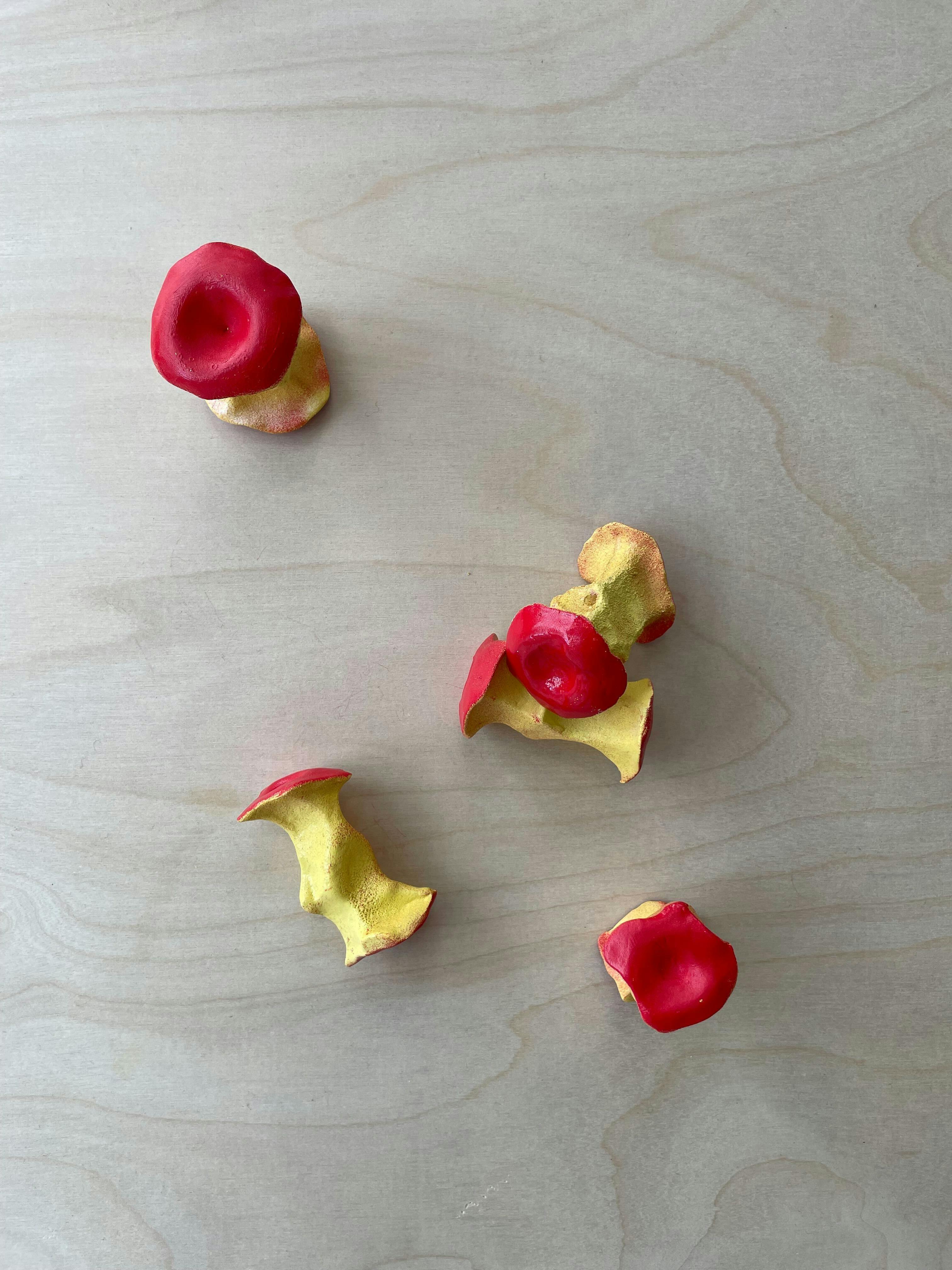 Five ceramic works that look like apple cores displayed on a bright wooden surface.