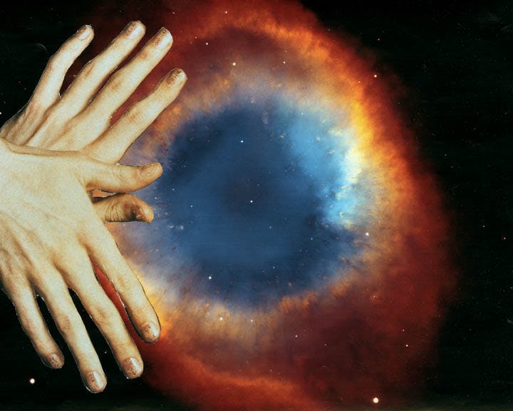 A collage of two overlapping hands making a butterfly hand gesture in front of a picture of an orange and blue nebula. 