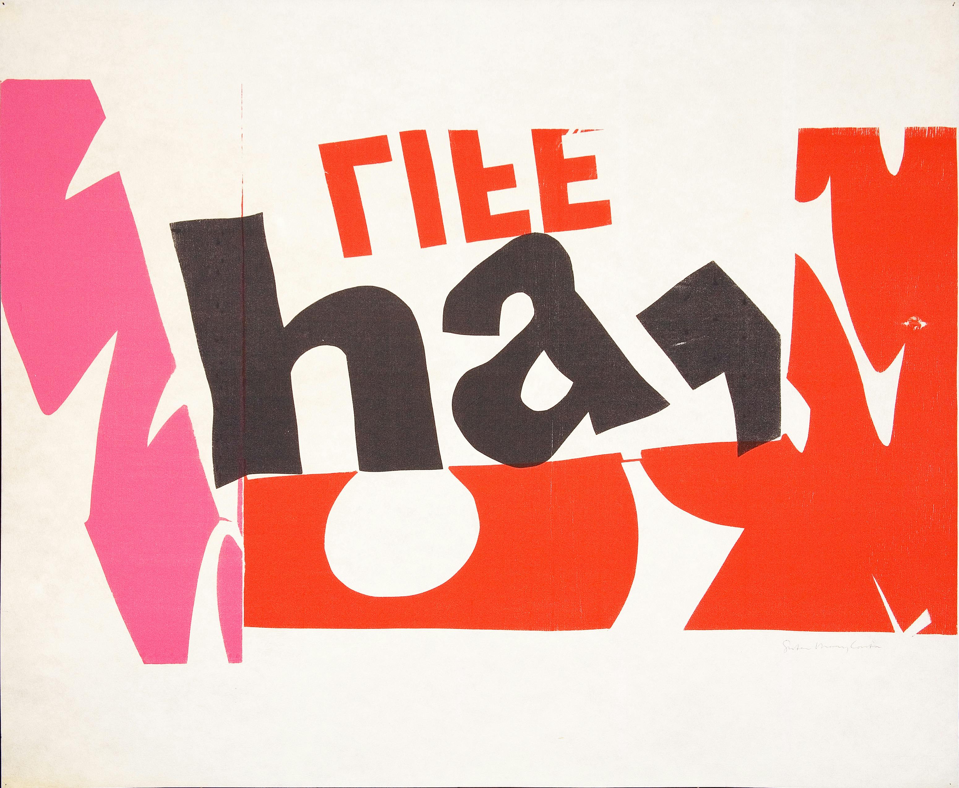 Detail image of a Corita Kent silkscreen print. Red, pink and black block letters and shapes overlap in a collage-like composition.