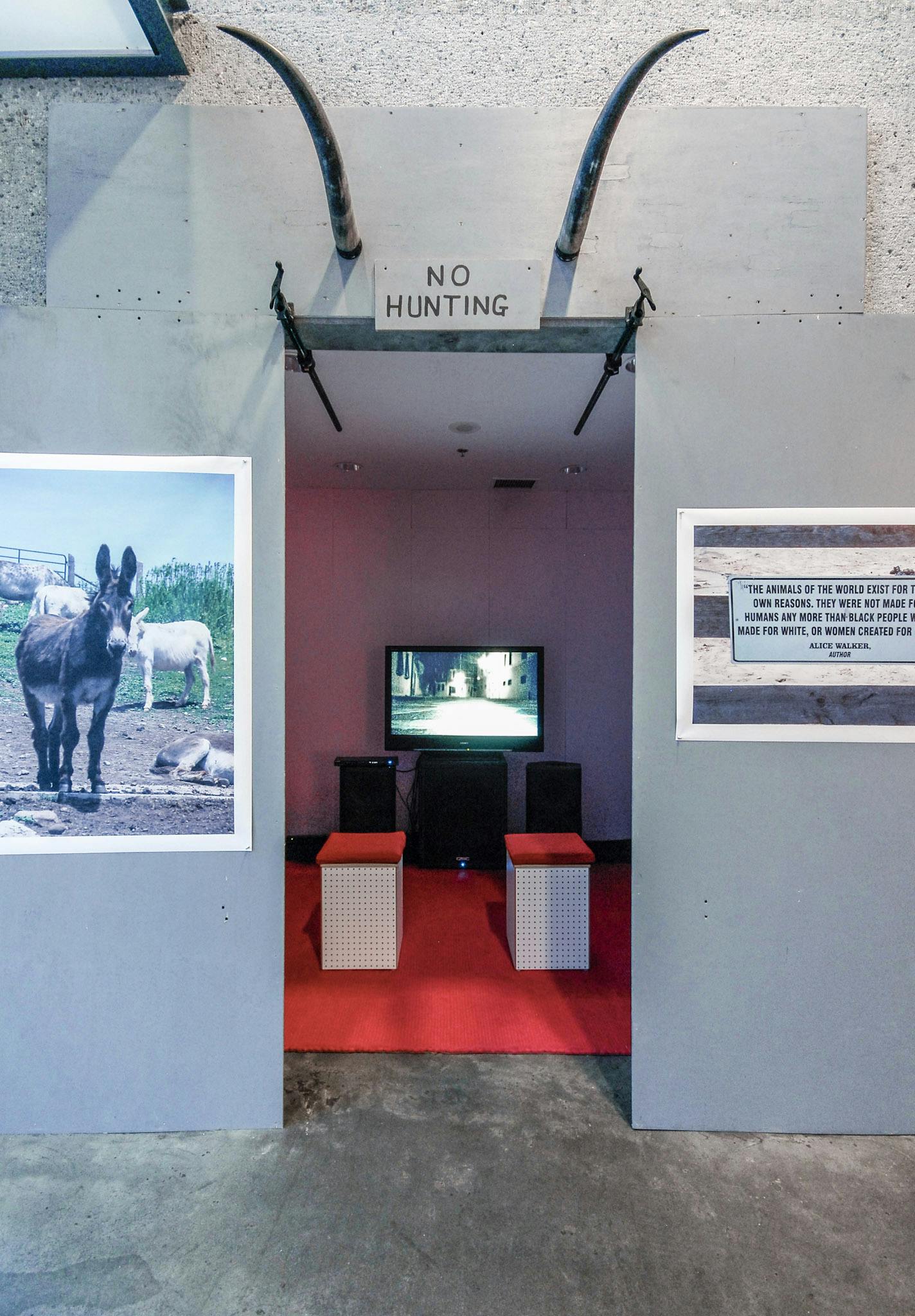 Two coloured photographs are mounted on the walls besides a gallery entrance. A pair of animal horns and a sign that reads NO HUNTING are installed above the entrance. 