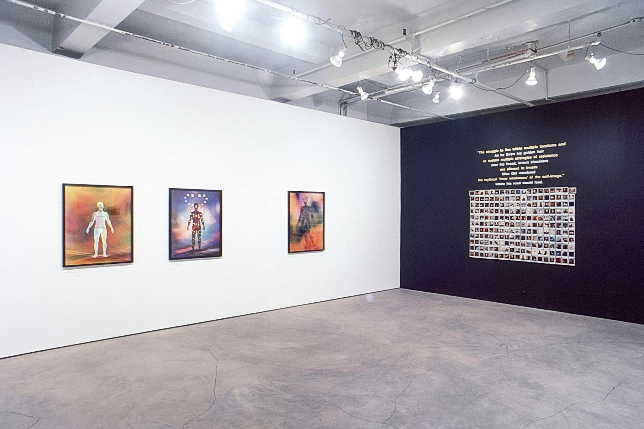 The corner of a gallery with a white and a black wall. On the white wall are 3 colourful, hazy images of nude muscular bodies. On the black wall there is white and yellow text and dozens of Polaroids.
