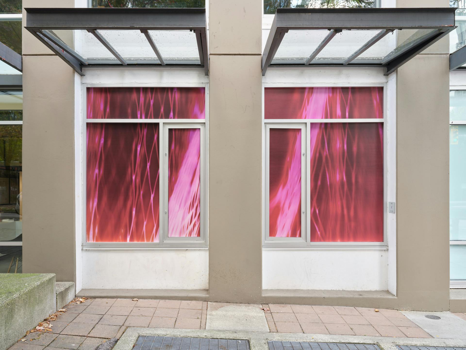 "A pair of windows featuring a pair of photograms depicting nylon produce bags in neon pink and red colours. "