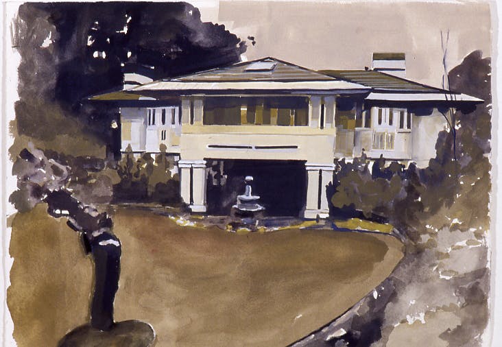 A watercolour painting of a large house surrounded by trees and other foliage, which are painted with loose brushstrokes. The painting is made with muted tones of green, brown, grey, and black. 
