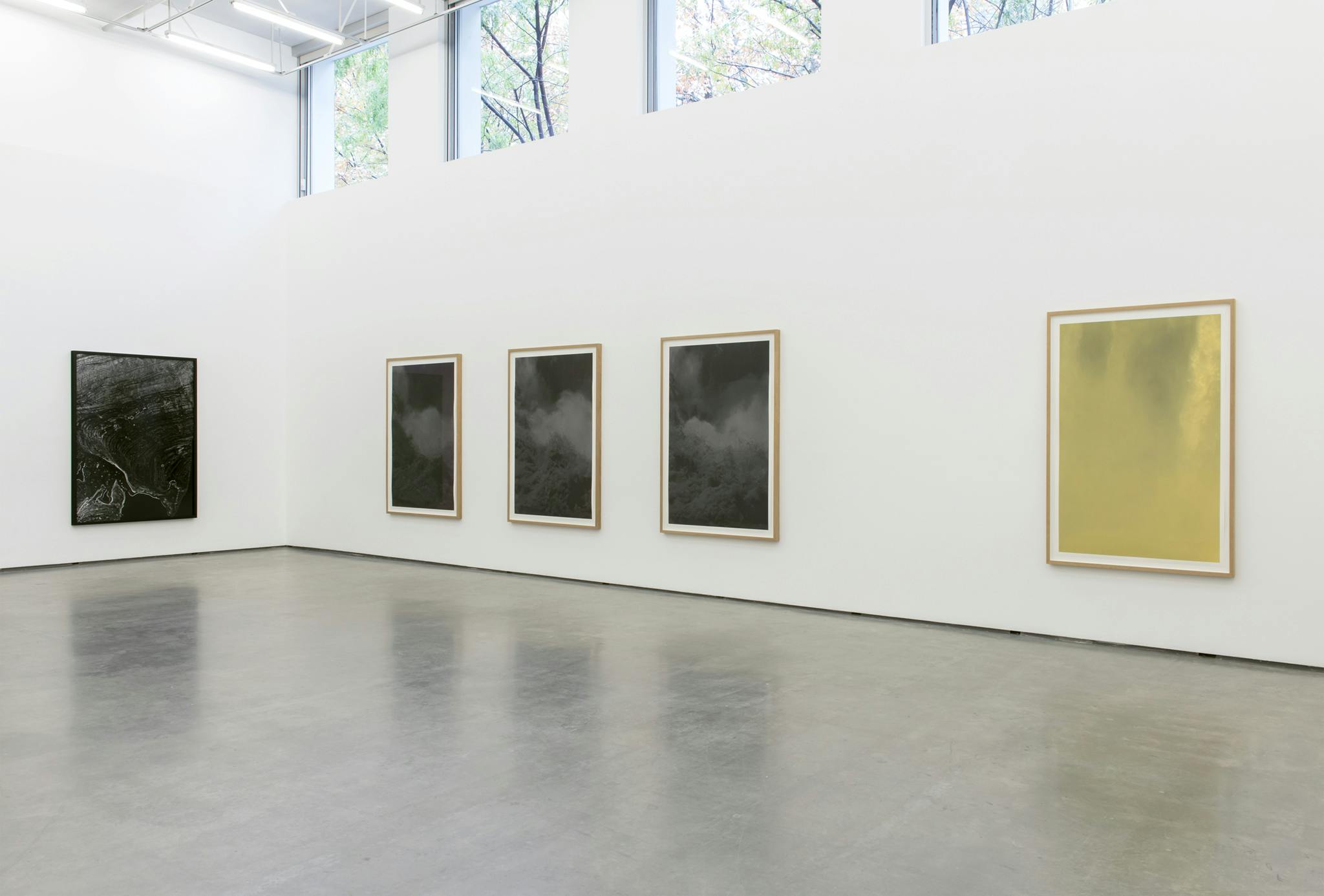 Five large-scale framed photographic prints hang on the wall of a gallery space. The images are all abstract, three of them are in black and white and one shows hues of yellow.