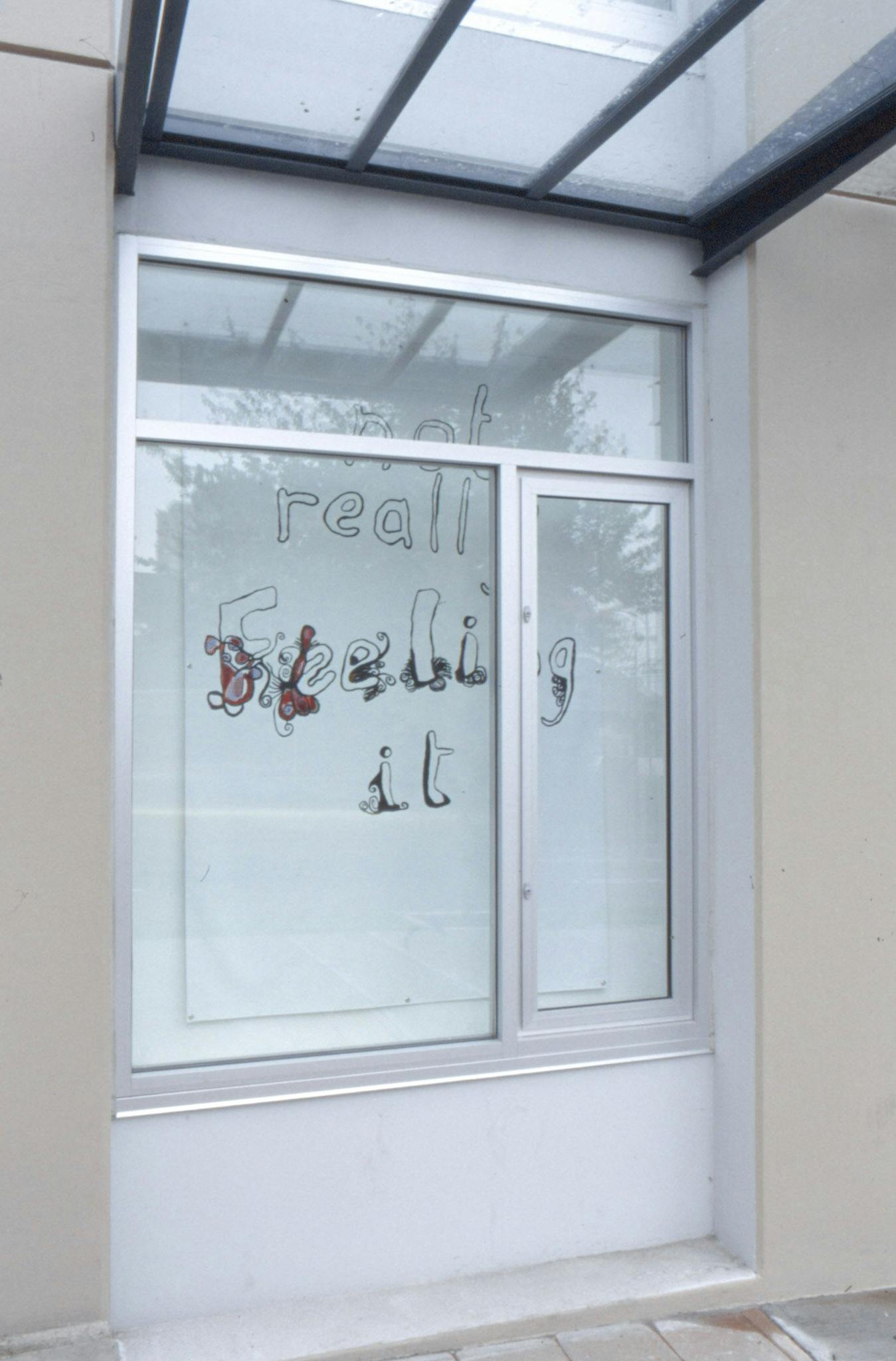 Jill Henderson’s text-based work is installed in one of CAG’s window spaces. The window in this image showcases a handwritten text that reads “not really feeling it” behind the silver window frame. 