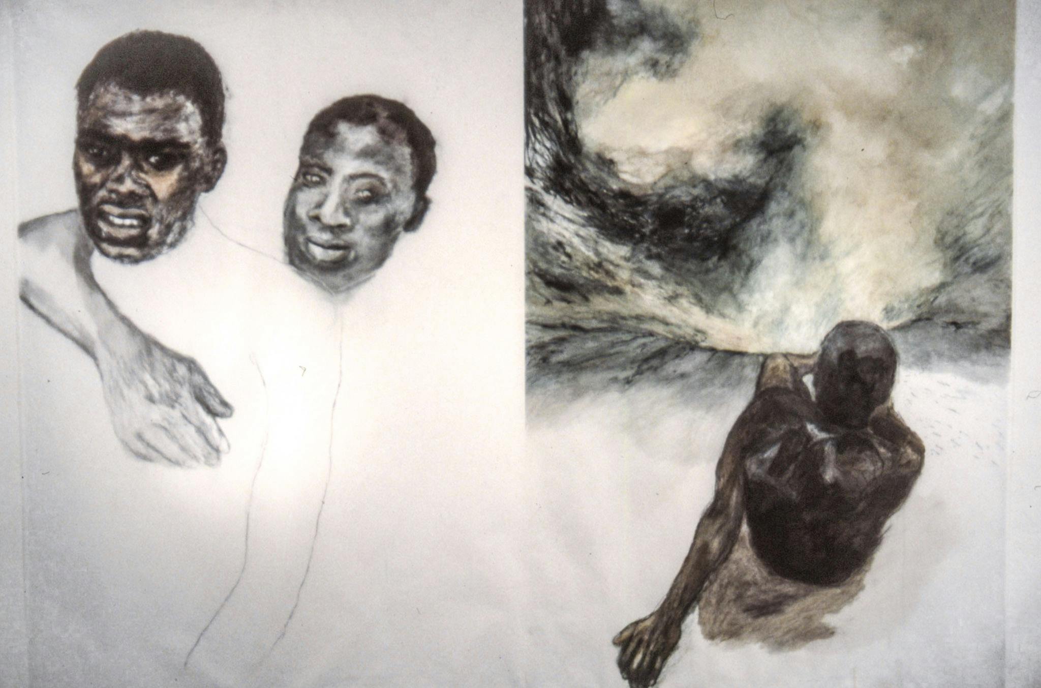A closeup of a large drawing. One side of the drawing shows 2 faces of Black folks and a silhouette of their bodies, embracing. The other side shows a Black body sitting shirtless, facing a dark void.