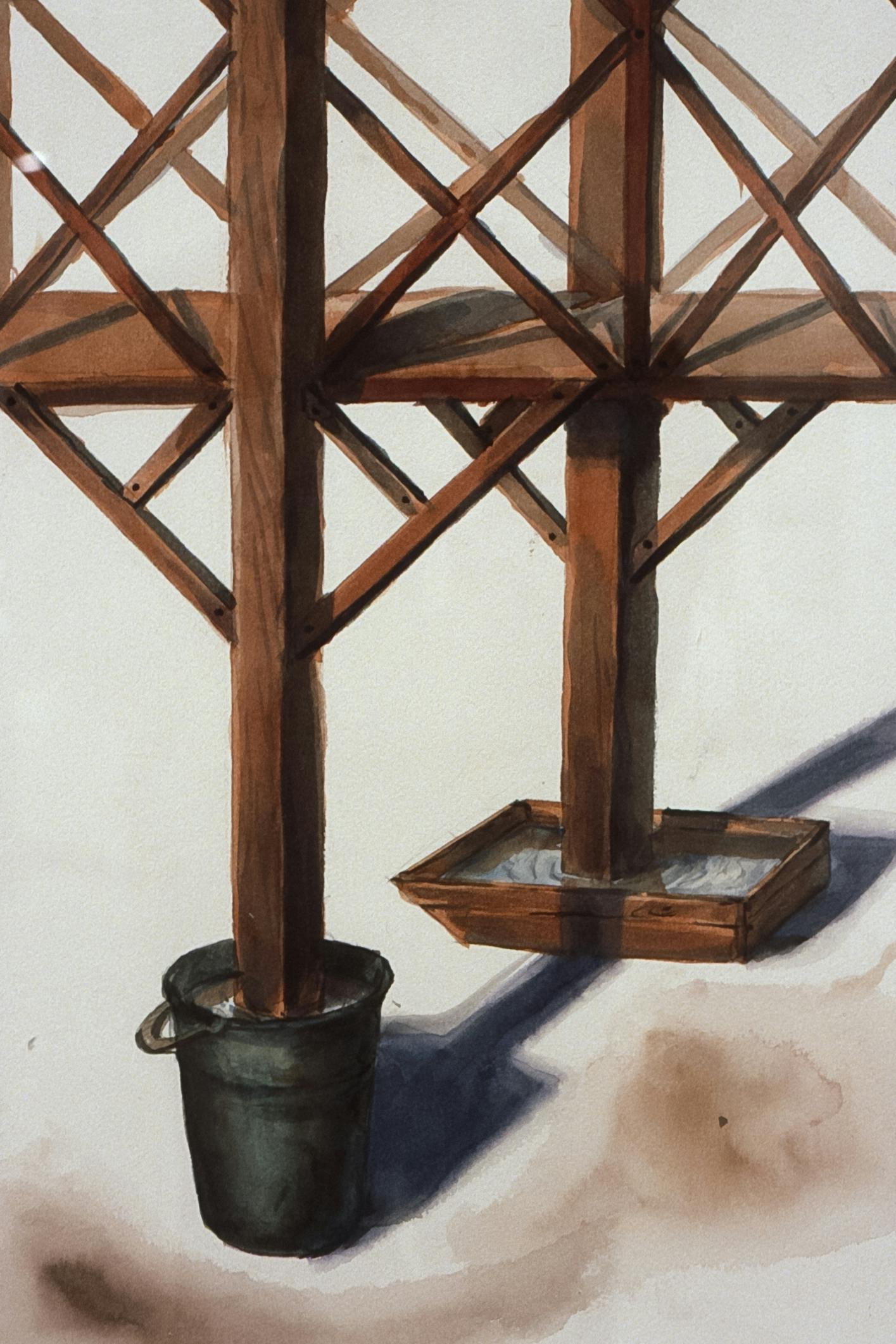 Detail of an illustration. The image shows a bottom part of wooden bridge. A bucket and a tray, filled with water, are placed under the columns.
