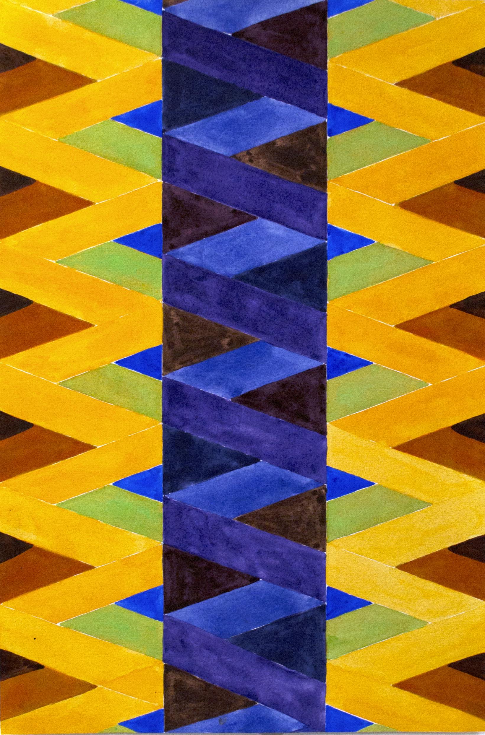 A detail view of a watercolour painting by Charlene Vickers, a geometrically rendered zigzag pattern rendered in a vibrant palette of ochres, golds, greens and blues.