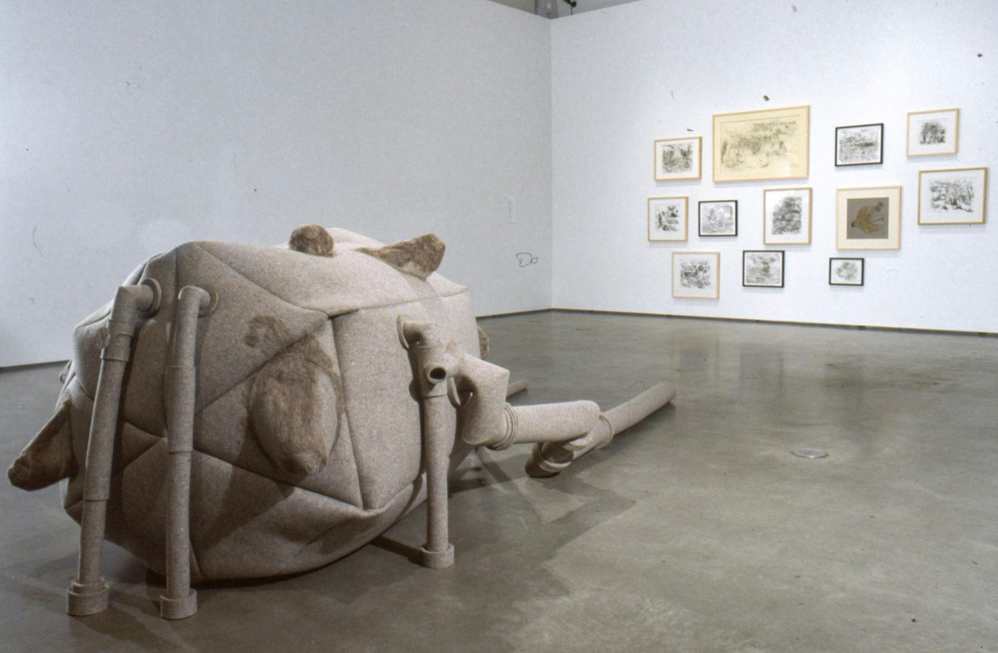 Installation image of Luanne Martineau’s art exhibition. A large soft sculptural installation is on the floor. It is made with brown fabric and has four legs. 12 framed illustrations are mounted on the back wall.