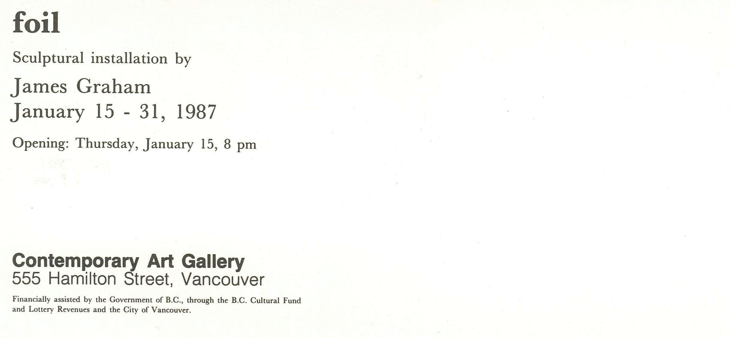 A scanned exhibition invitation. It is a long horizontal rectangle with a plain white background and contains information including the artist name, the dates and gallery address in black text. 