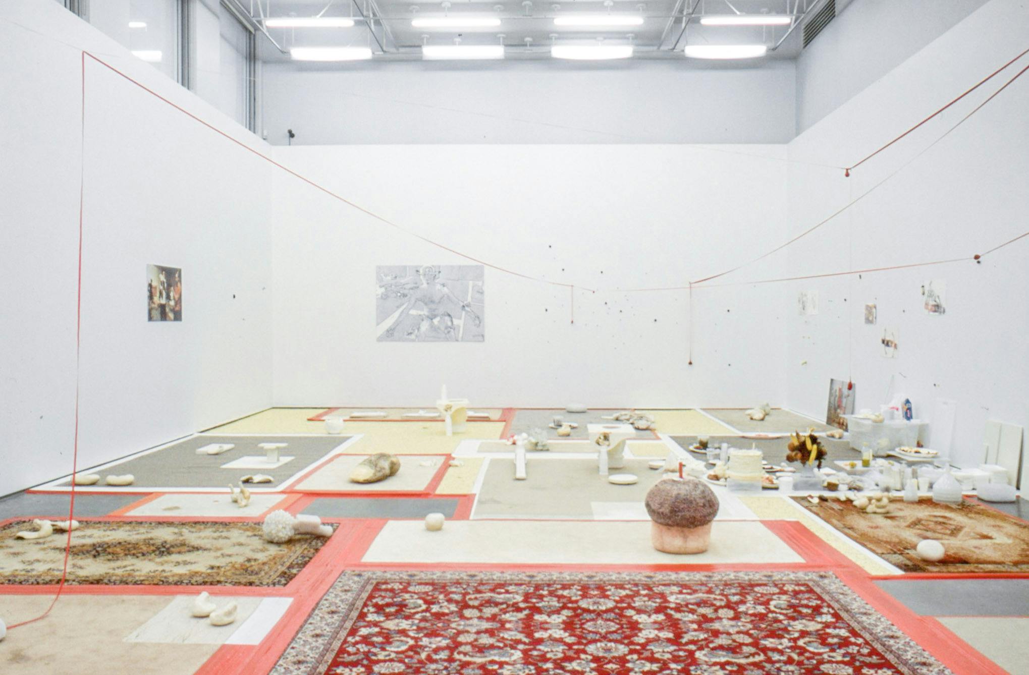 Installation image of artworks in a gallery. A variety of found objects, including shellfish are placed on the floor. The floor is partially covered with the patchwork of various carpets. Some pictures are mounted on the walls.