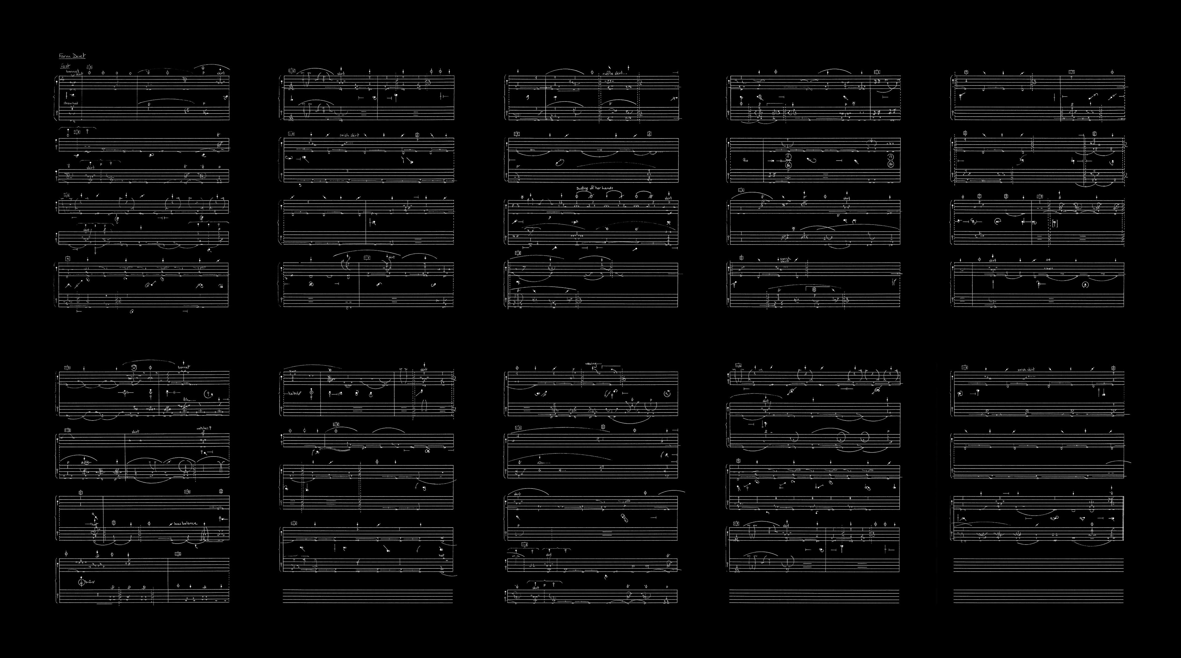 An image depicting Benesh notation dance scores. The scores are white on a solid black background and resemble sheet music. “Farm Duet.” is written above the score on the top left.