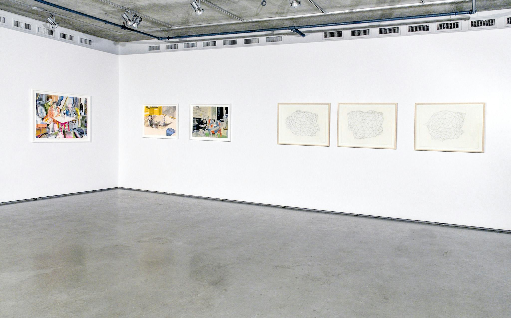 Six drawings are mounted on the gallery walls. The set of three coloured drawings on the left depicts people sitting inside. The other set of drawings show figures which look like a design of a dorm. 