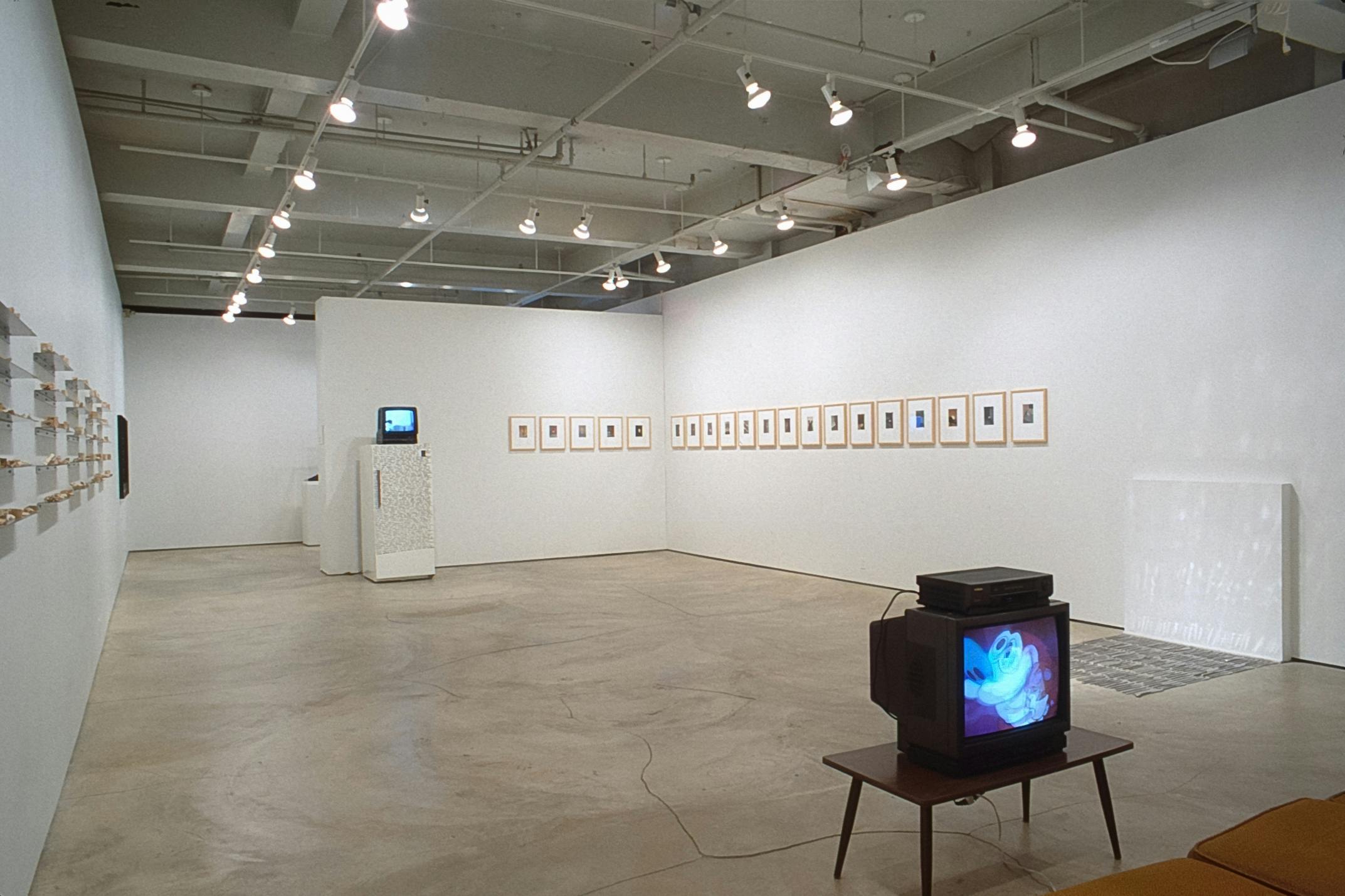 Many artworks are installed in the gallery. Video works are played on two CRT TVs which are placed at the opposite end of the gallery. Two-dimensional works are mounted on the walls between the TVs.
