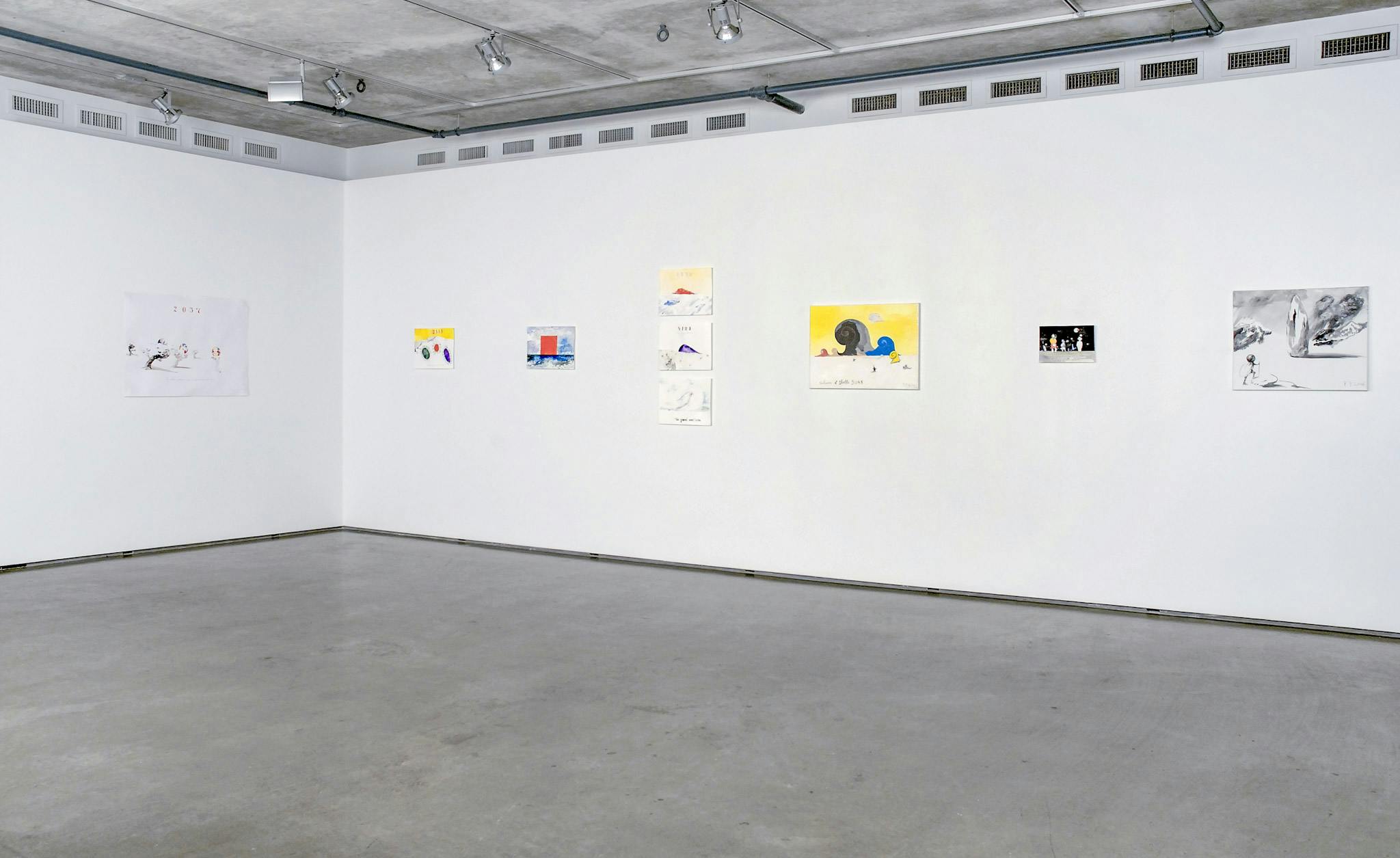 Nine unframed coloured drawings are mounted on the gallery walls. Eight of them are coloured. All of the pieces depict some creatures including humans and bacterias. 