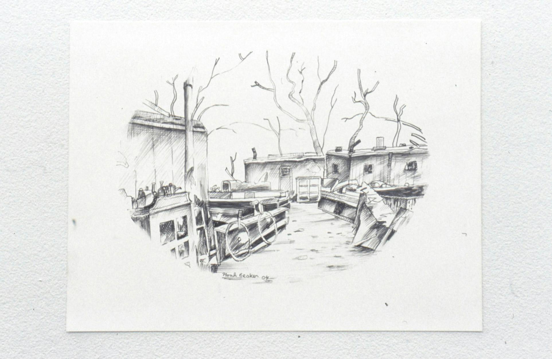 Detail of a black and white drawing of a narrow street between one-story houses by Alex Morrison.