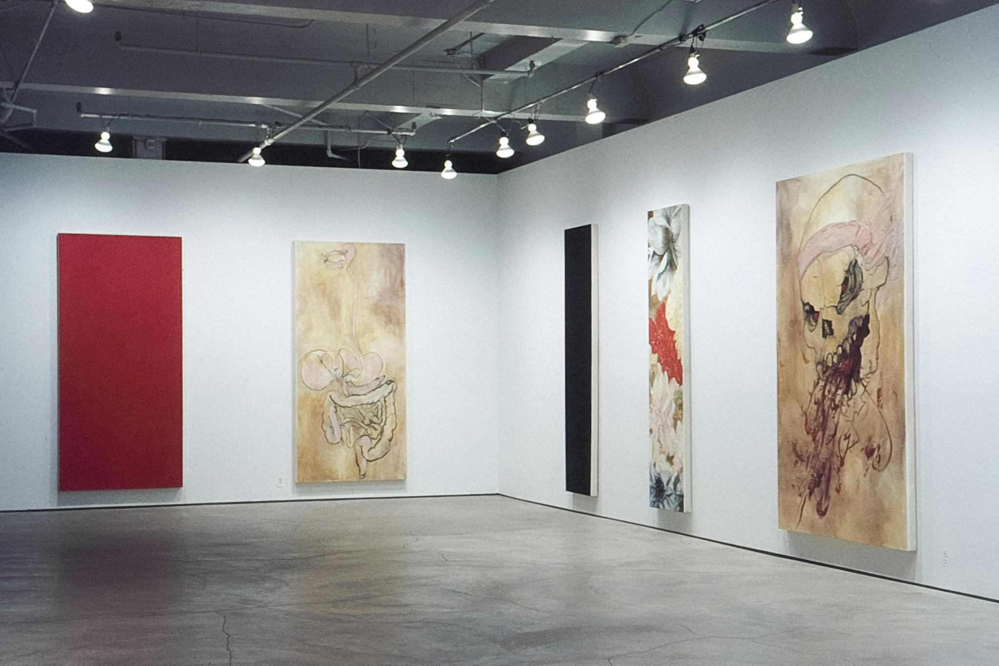 Five vertical paintings in the corner of a gallery. The paintings depict various things, including a human digestive system, flowers, and a skull. One painting is all red, and one is all black.
