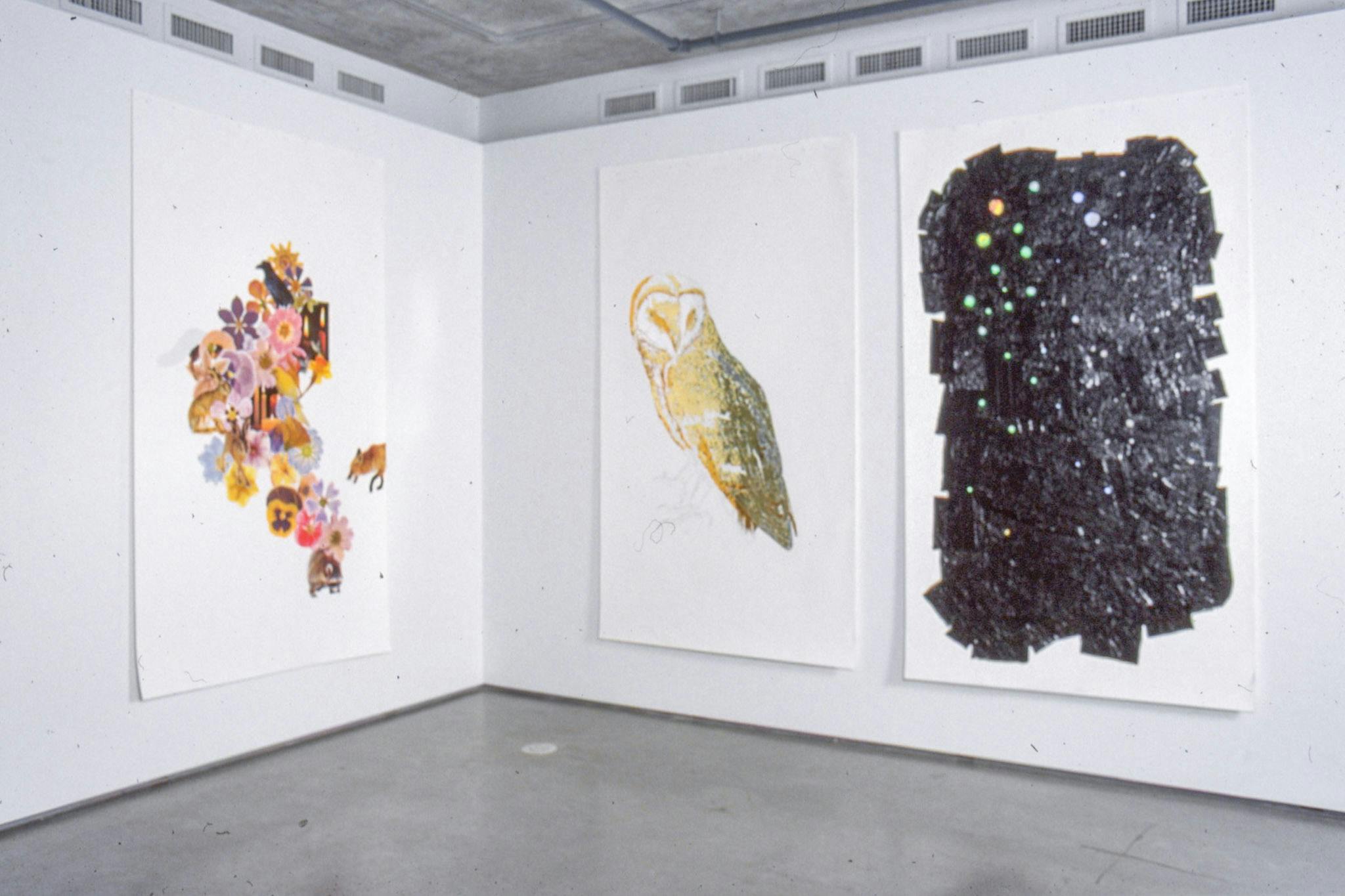 An installation image of three large collage works on the walls. Three collage pieces, each of them made on a white sheet of paper, which length is as long as the length of the gallery wall. The middle collage piece depicts an owl.