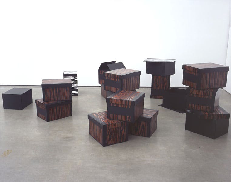 Seventeen paper-made boxes are installed in a gallery space. Some of them are just black and other boxes' surfaces mimic wood patterns. Some of the boxes are open and most of them are closed. 