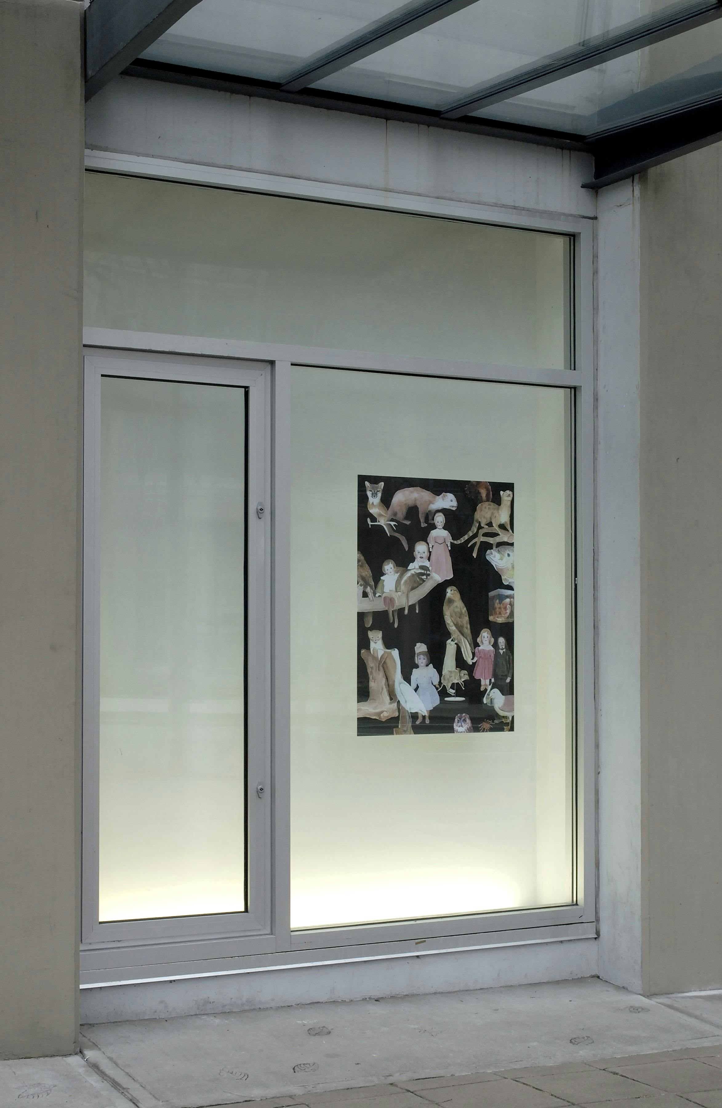 An install image of a poster created by Allison Hrabluik on CAG’s window. The poster shows colourful illustration of children, women, and animals on a pitch black background. 