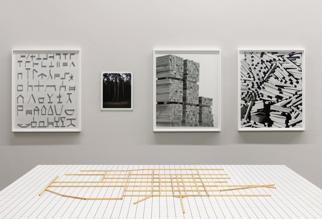 Thin, wooden sticks are laid out on a table in a design. Three framed photographs of processed wooden materials and objects beside a photograph of a grove of trees hang on the wall behind.