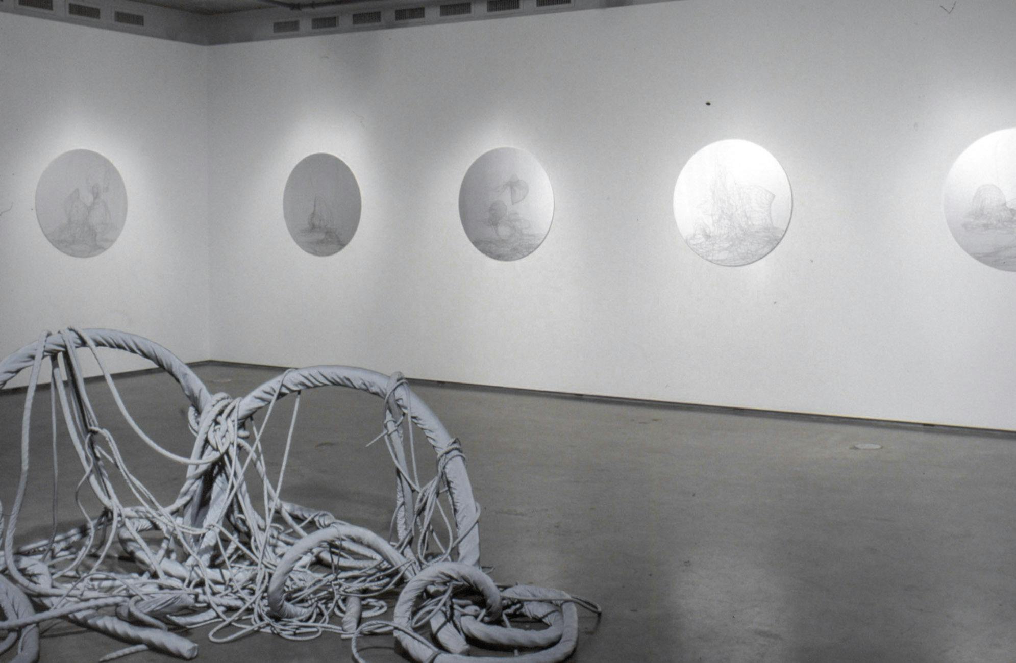 A large grey sculpture that looks like a tangled fishing net is placed in the middle of the gallery floor. Five circular shaped sculptures that resemble white marble are mounted on the walls. 