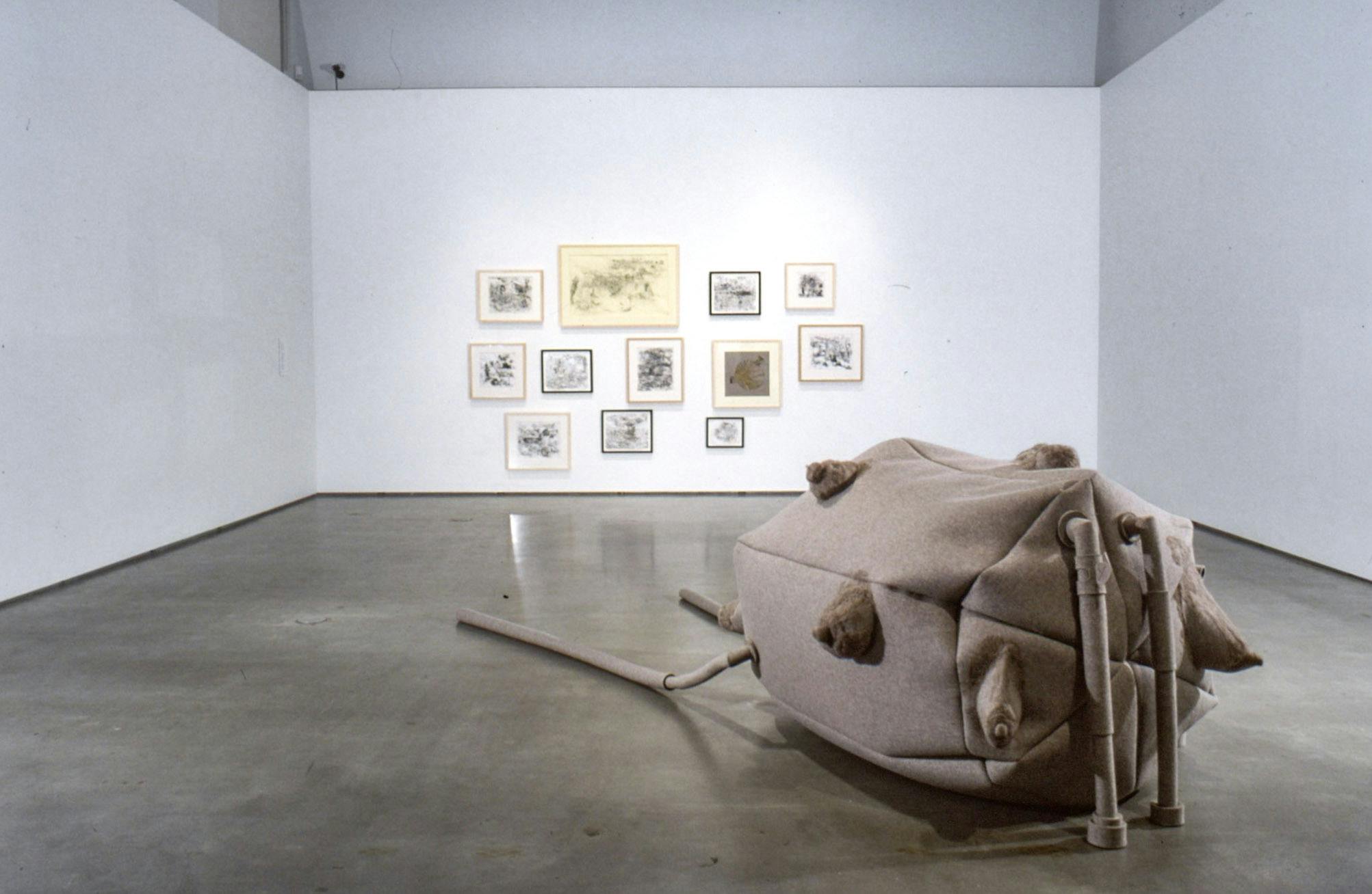 Installation image of Luanne Martineau’s art exhibition. A large soft sculptural installation is on the floor. It is made with brown fabric and has four legs. 12 framed illustrations are mounted on the back wall. 