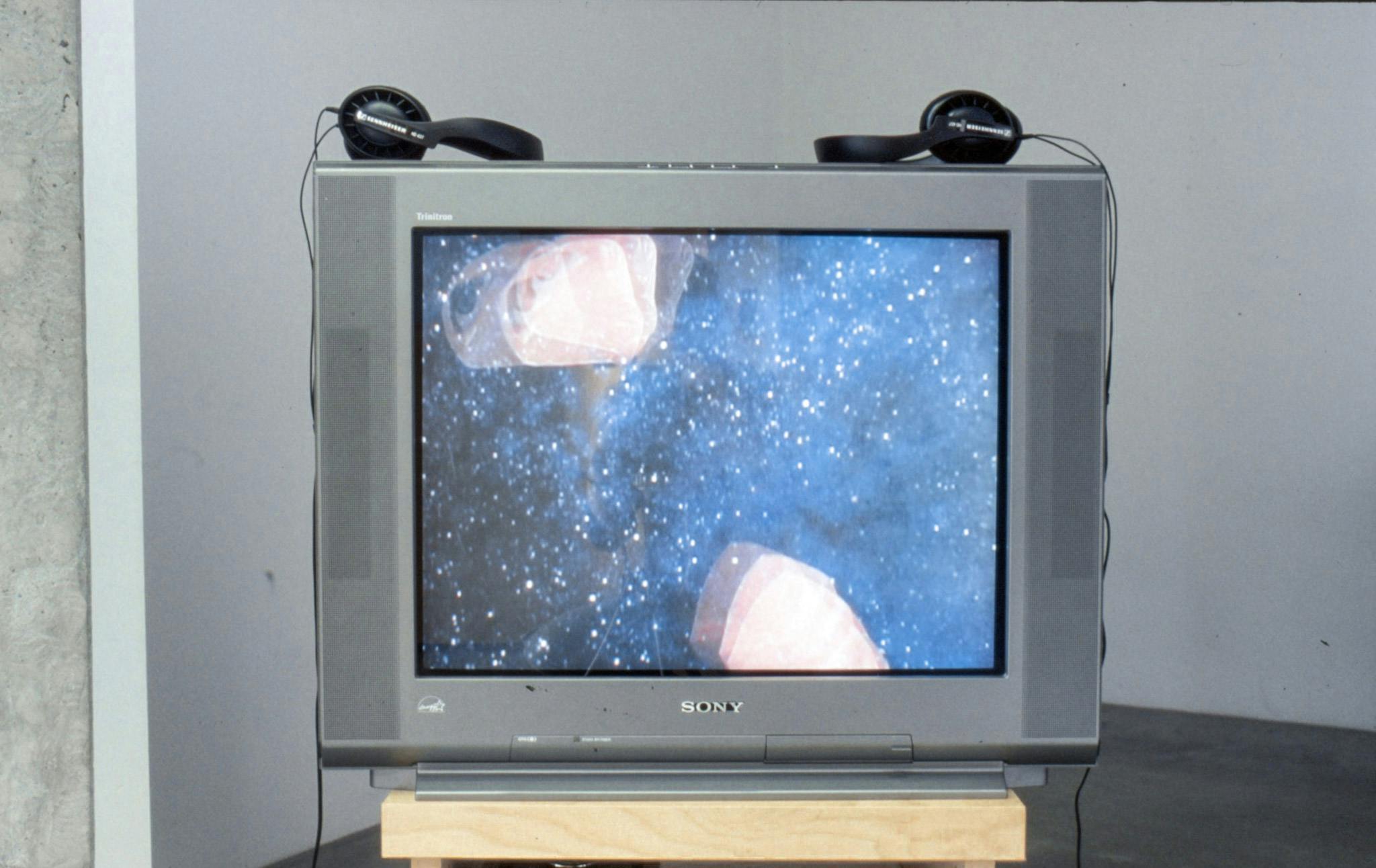 Detail of a video installation by Marina Roy. A CRT TV shows a coloured image of two pink circular shapes in motion in a dark blue background filled with stars.