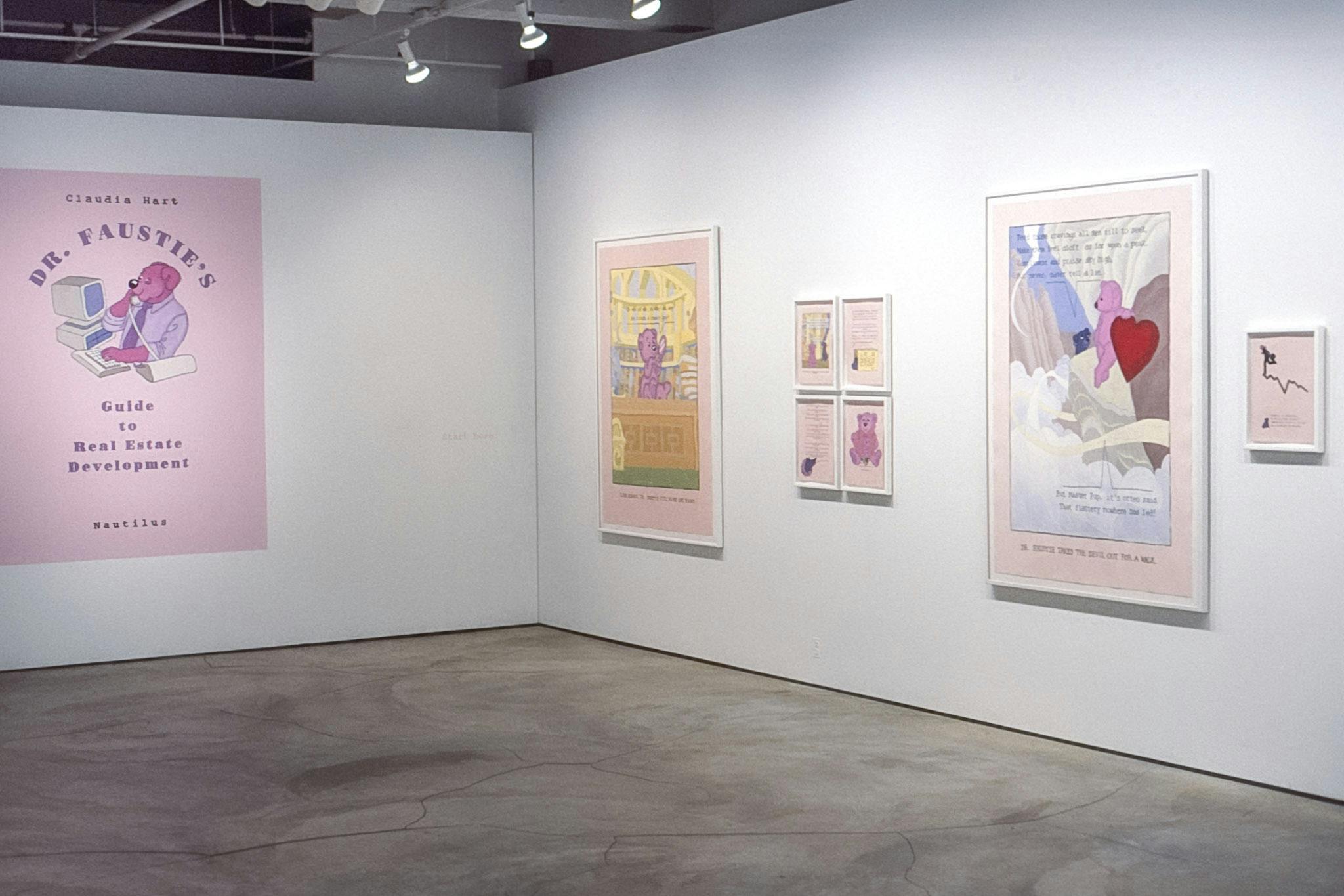 Eight works of drawing are mounted on the gallery walls. They vary in size but share the same light pink background. The style of drawing mimics comics: texts and pink bears appear in the squares.