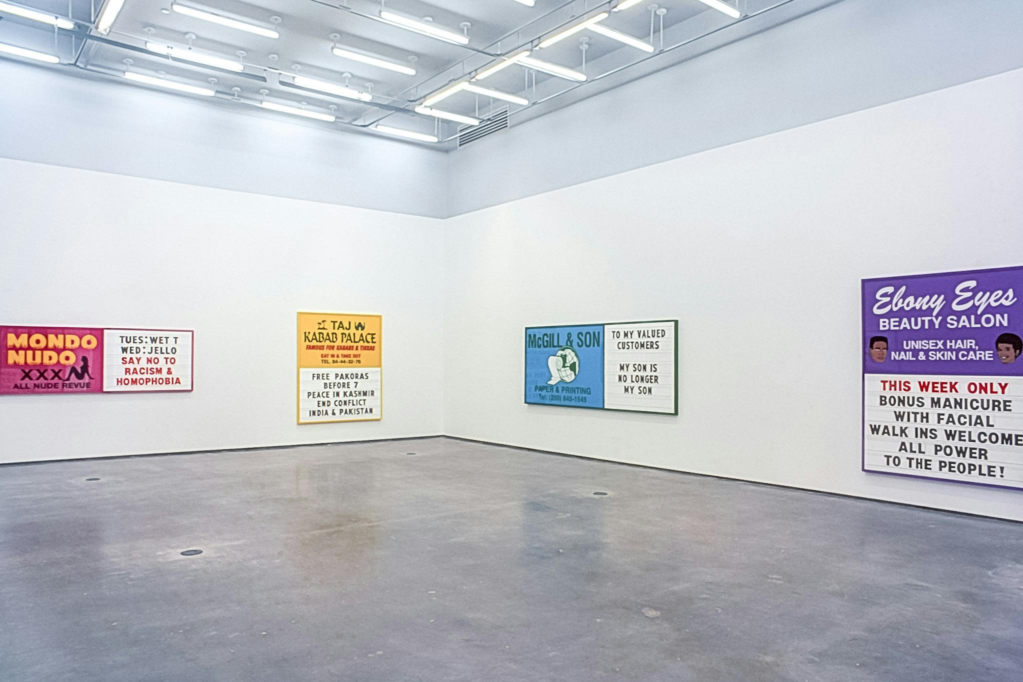 Ken Lum’s works are mounted on the gallery walls. They are text based two dimensional works with advertisement posters, such as an anti-racist text accompanying the ad for a sexual service. 