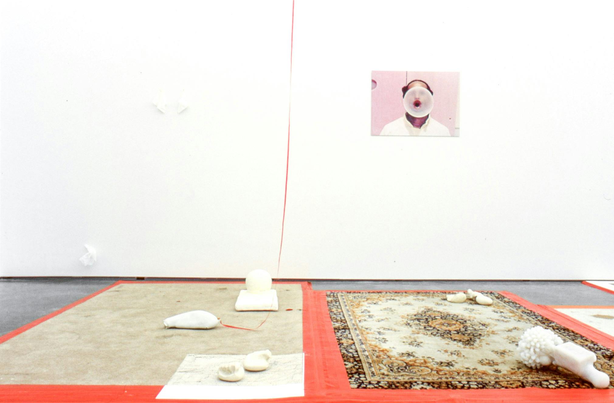 Installation image of works in a gallery. A variety of found objects, including shellfish and glass bottles are placed on a partially carpeted floor. A photograph of a person blowing bubble gum is mounted on the far wall.