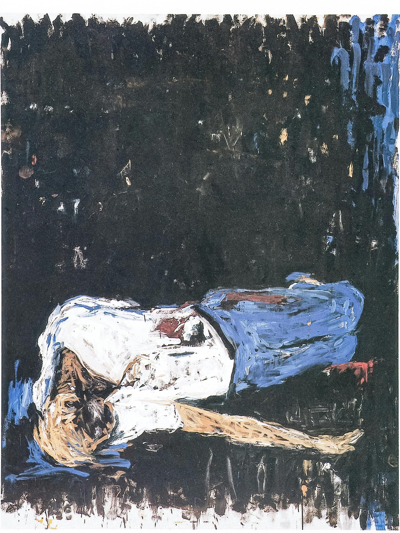 A dark painting with expressive brushstrokes showing a person laying down on their side. Their white shirt and blue pants have large red splotches on them, and the background is mostly black.