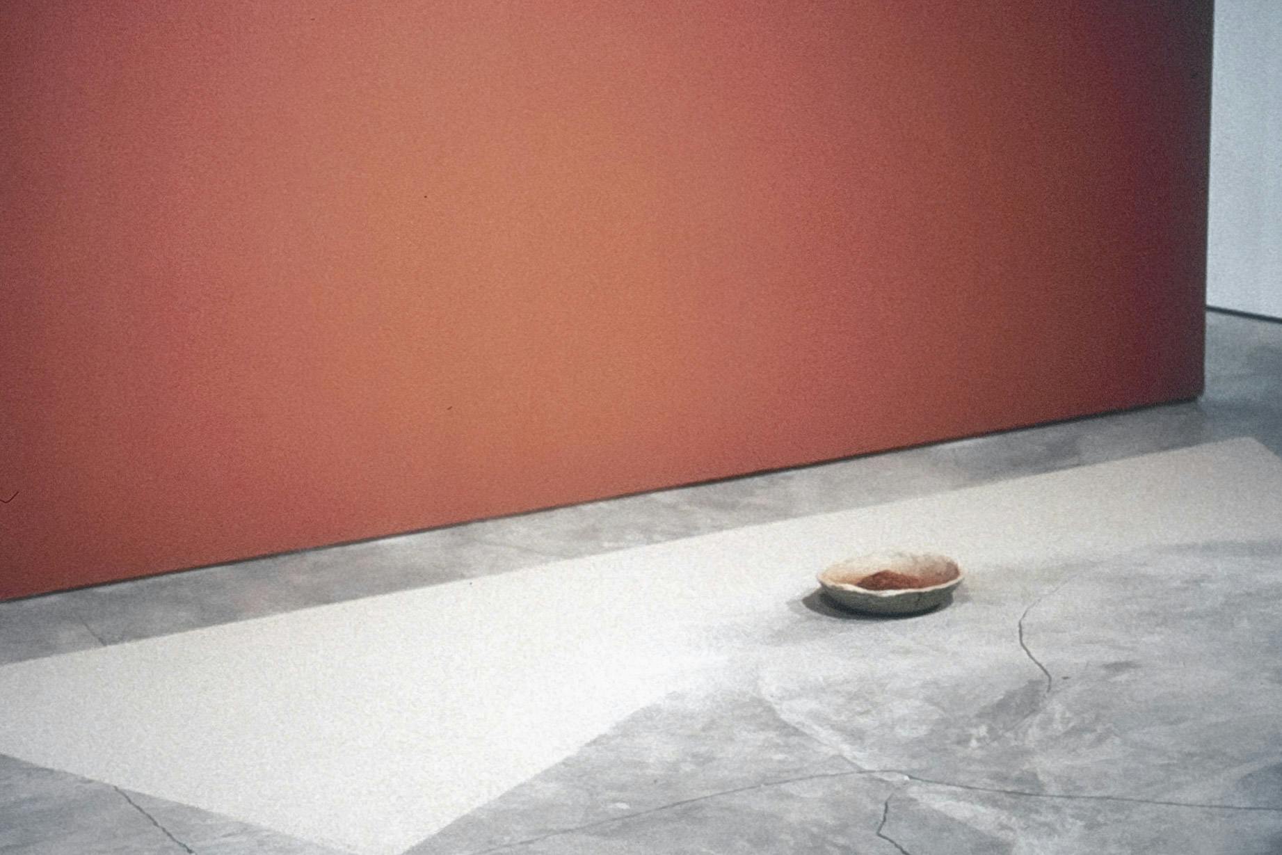 A closeup of the base of a wall in a gallery. The wall is painted clay-red, and has a flat handmade dish resting on the floor in front of it. The dish contains a mound of powder that matches the wall.