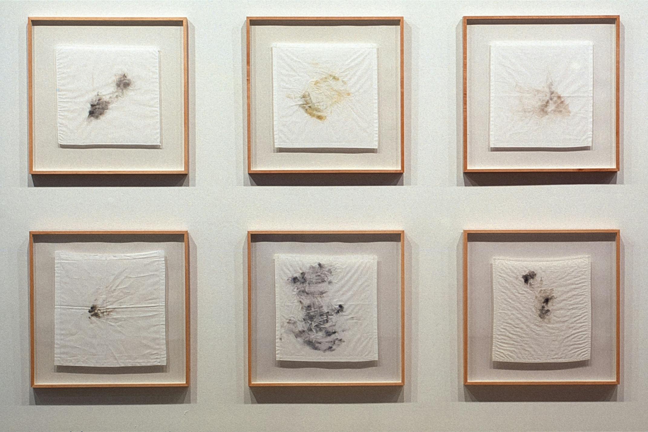 Detail of art installation by Cornelia Parker. Individually framed six white handkerchiefsare  mounted on a wall. Uniquely shaped black and brown stains are on these handkerchiefs.