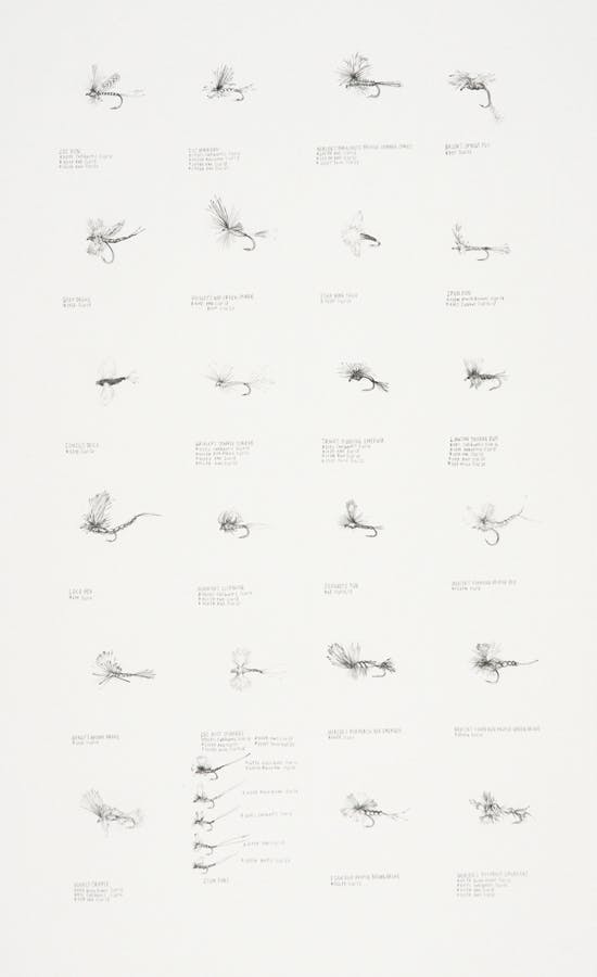 A graphite drawing of fly-fishing hooks arranged in a grid. Beneath each drawing is handwritten text. 
