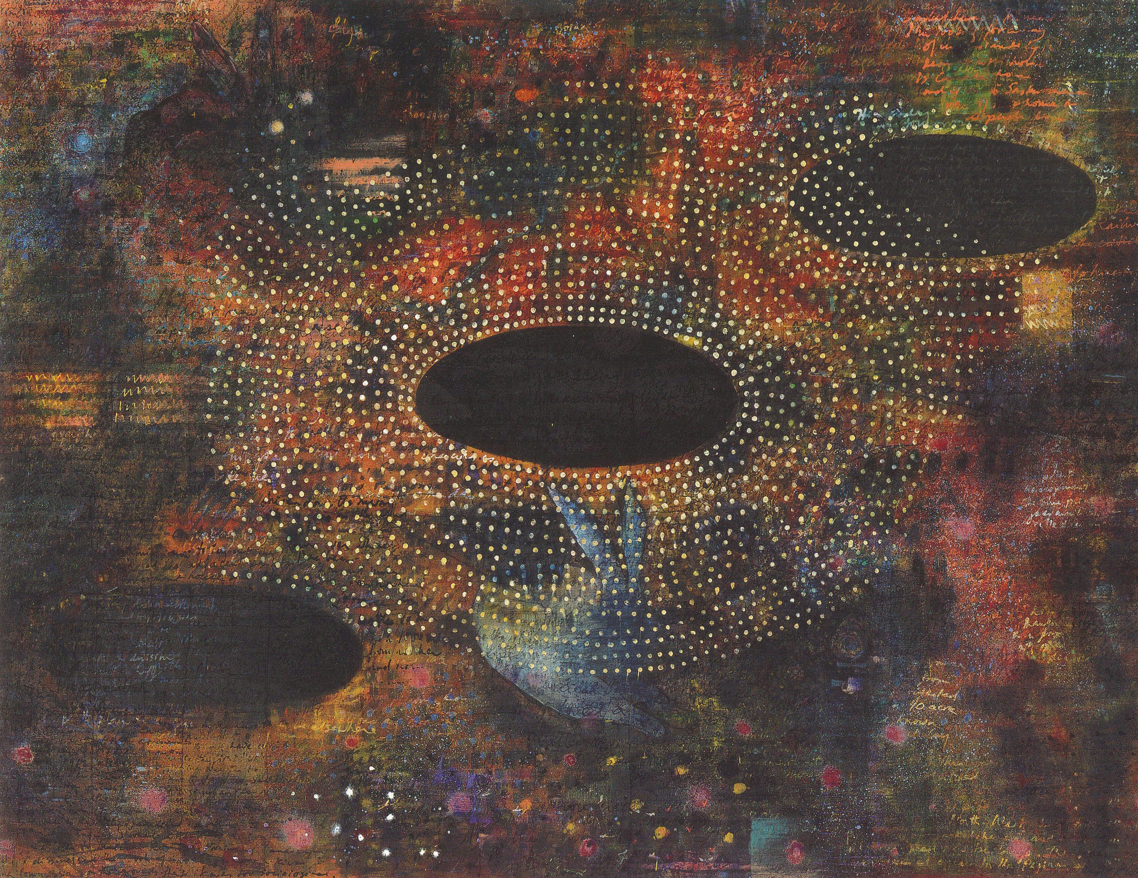 This is a detailed view of Landon Mackenzie’s painting. Three black holes are drawn above a rabbit in a brown field with flowers. 