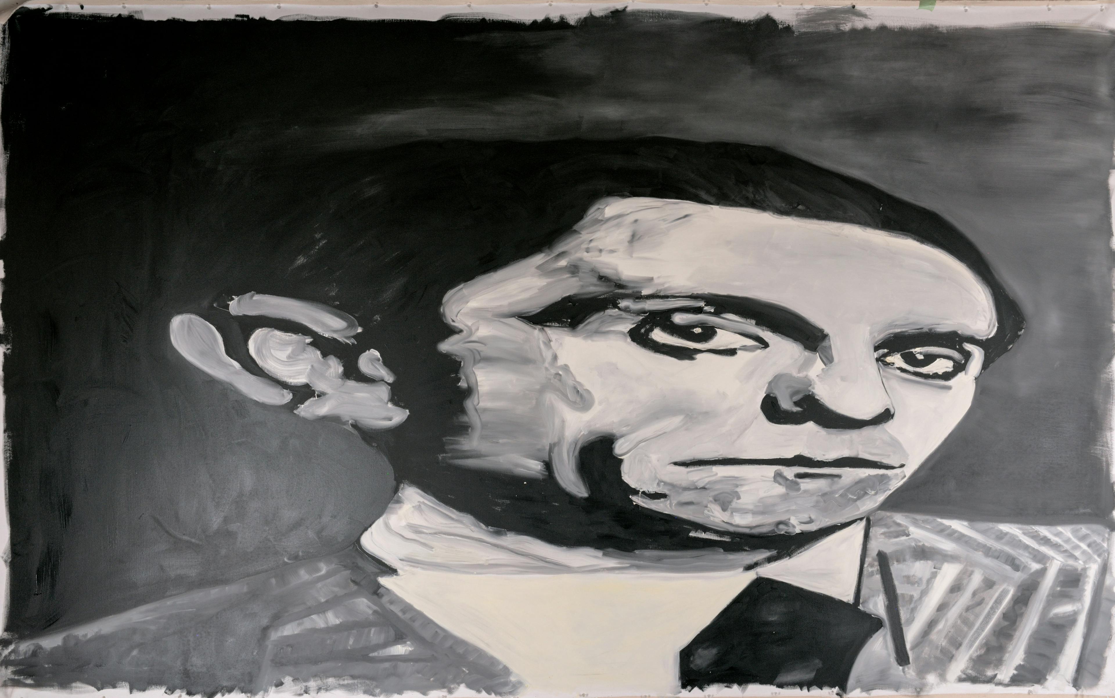 A black and white painted portrait of the Third Reich’s Minister of Propaganda. The image appears to be stretched out horizontally. It has bold brush strokes and unfinished edges.