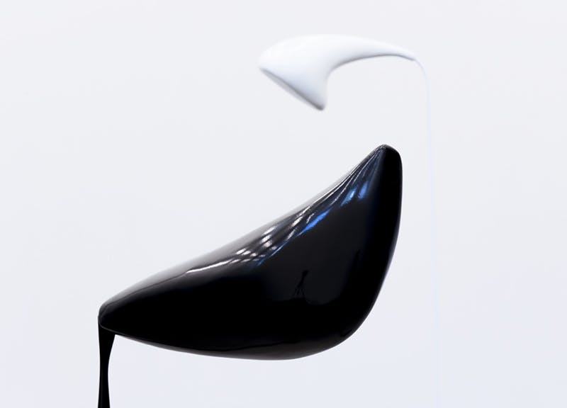 Detail image of Nairy Baghramian's sculptures. The tops of two sculptures are captured in this image. A black one resembles a bicycle saddle, and a white one resembles a shower nozzle.