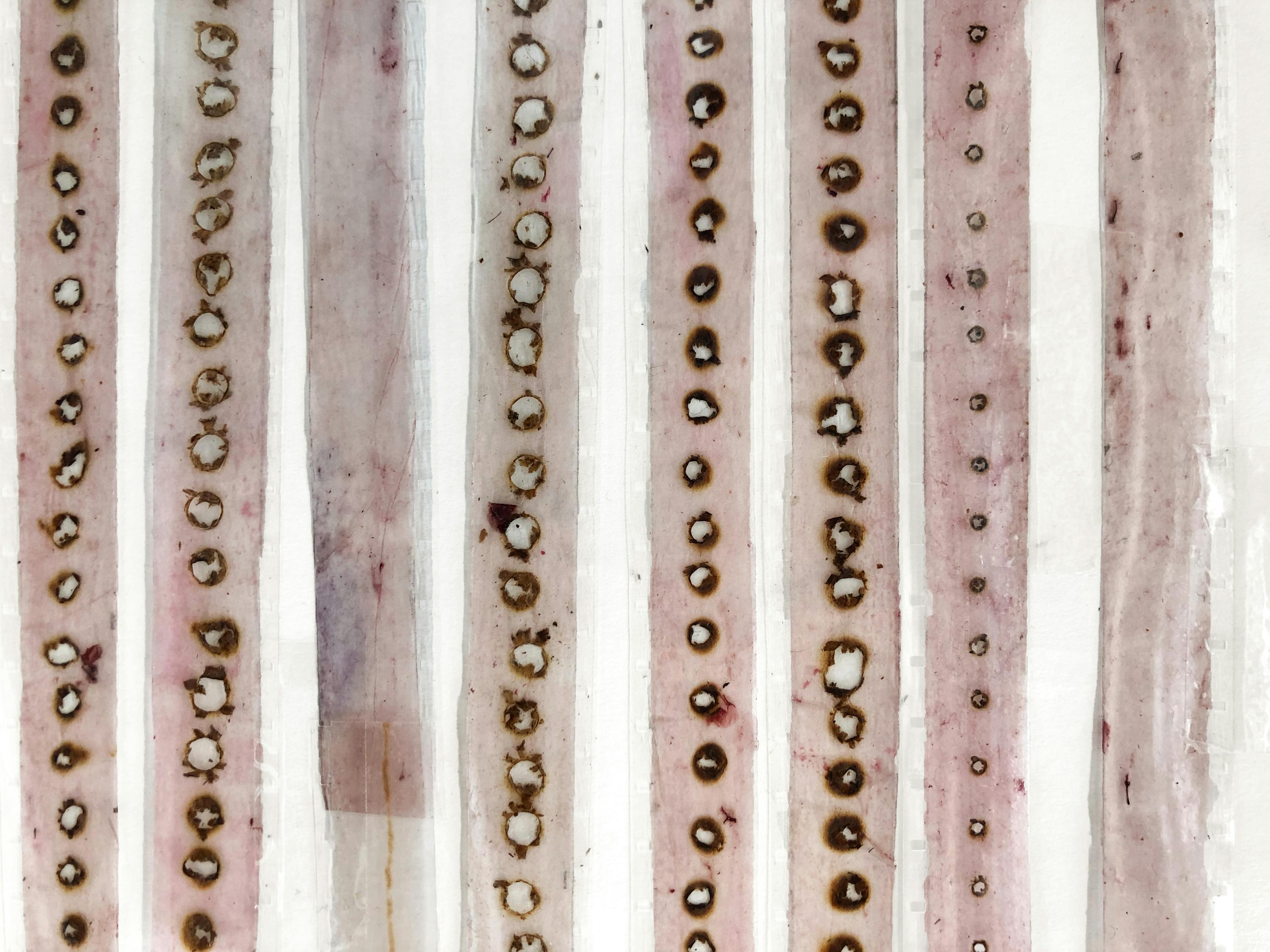 Several strips of hand-treated pint film with holes like cigarette burns are displayed on a white surface.