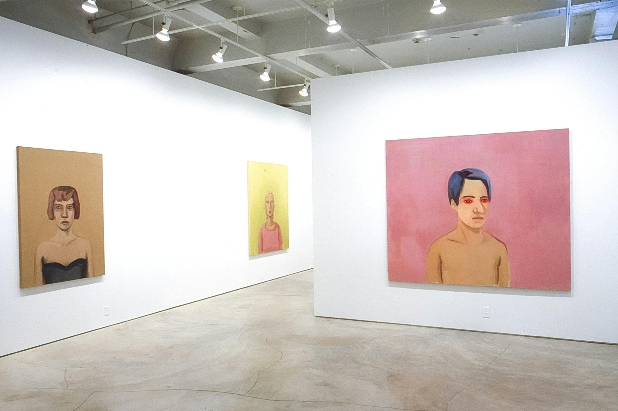 Three portrait paintings are exhibited on the galley walls. The one in the front has a red-eyed person in a pink background, and the one on the left is a woman in black standing in a brown background. 