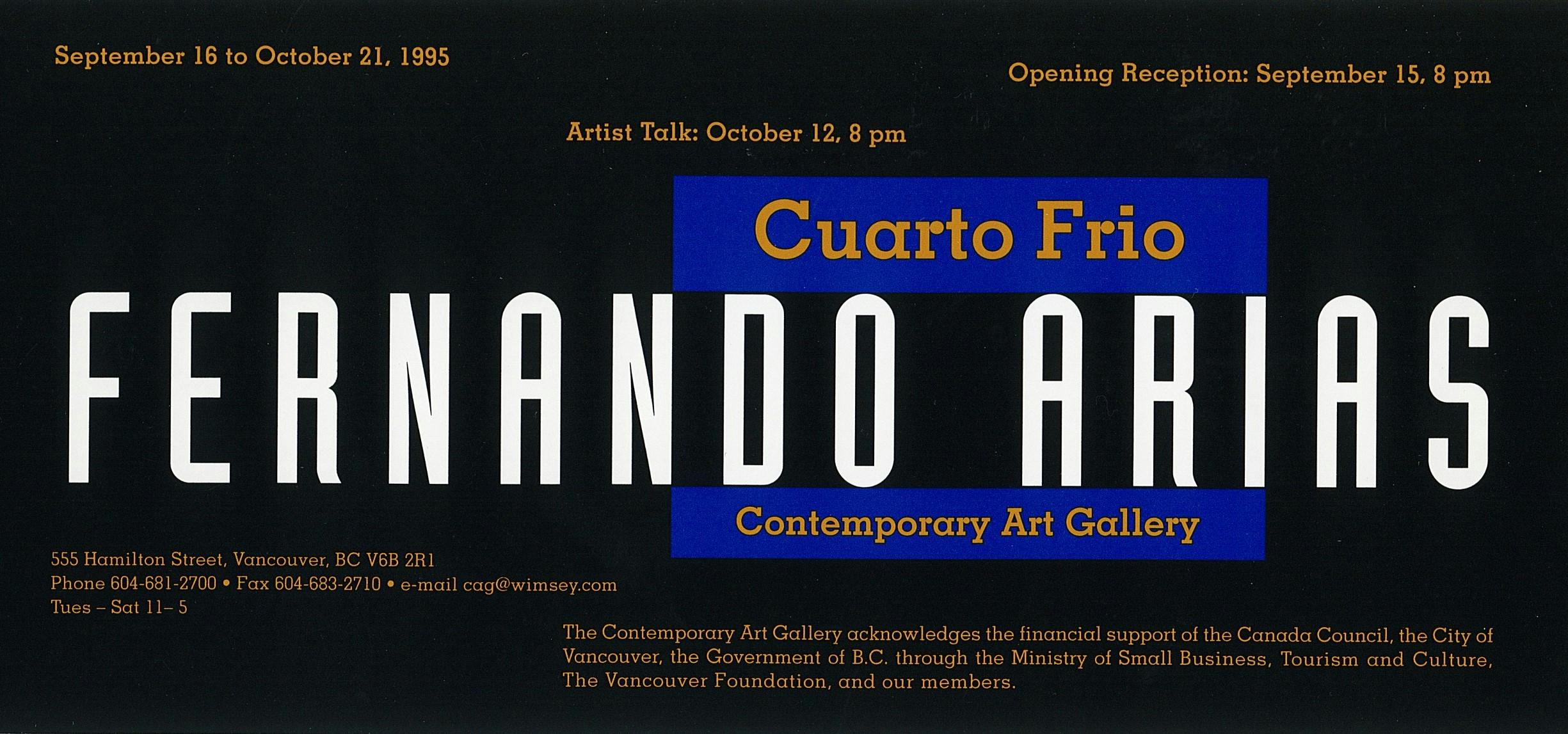 An exhibition invitation which has a black background with white, yellow and blue text over top of it, which contains information about the exhibition, gallery and the artist’s name in large letters. 